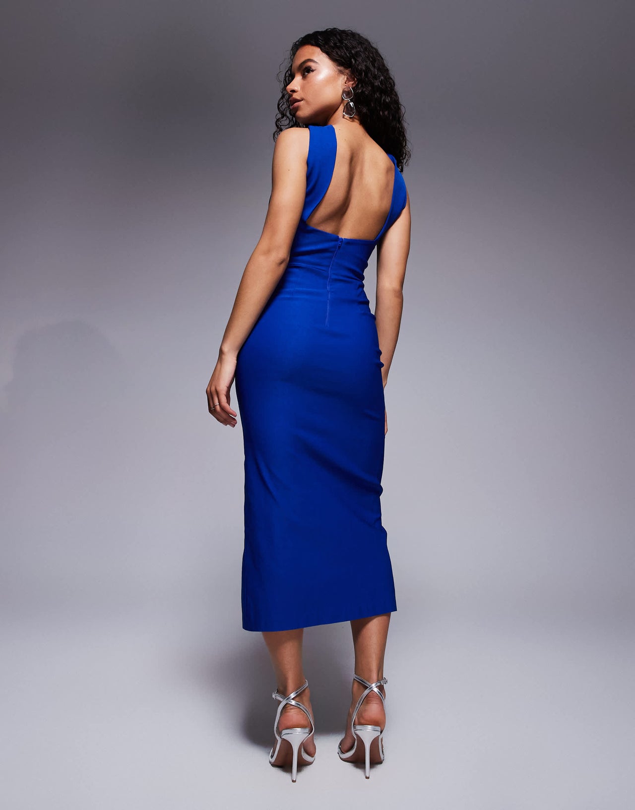 Vesper Petite bengaline twist front halter neck side split midaxi dress in cobalt