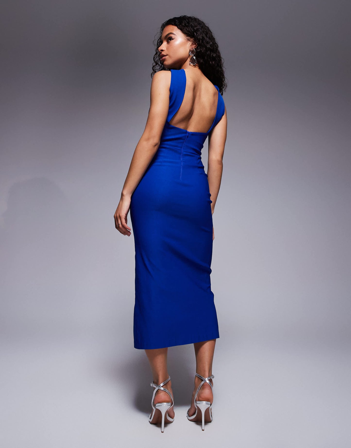 Vesper Petite bengaline twist front halter neck side split midaxi dress in cobalt