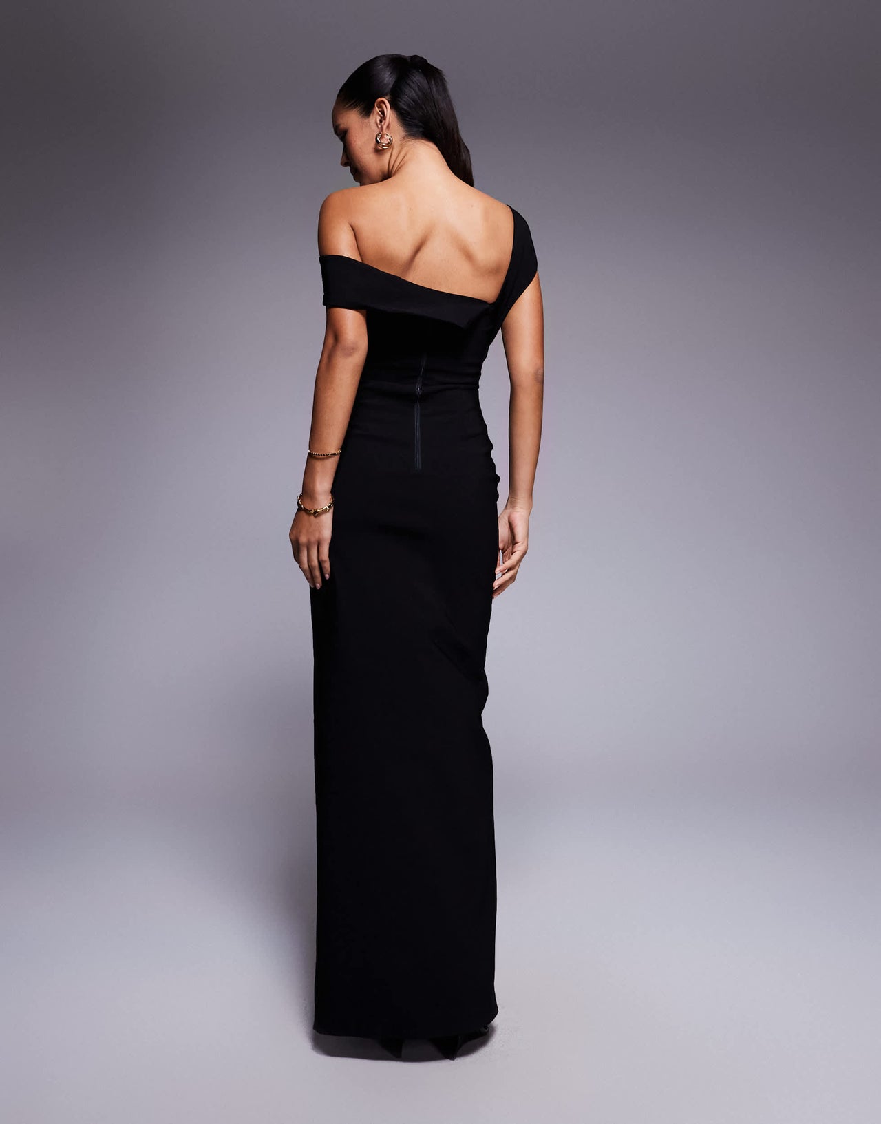 Vesper bengaline one shoulder twist front side split maxi dress in black