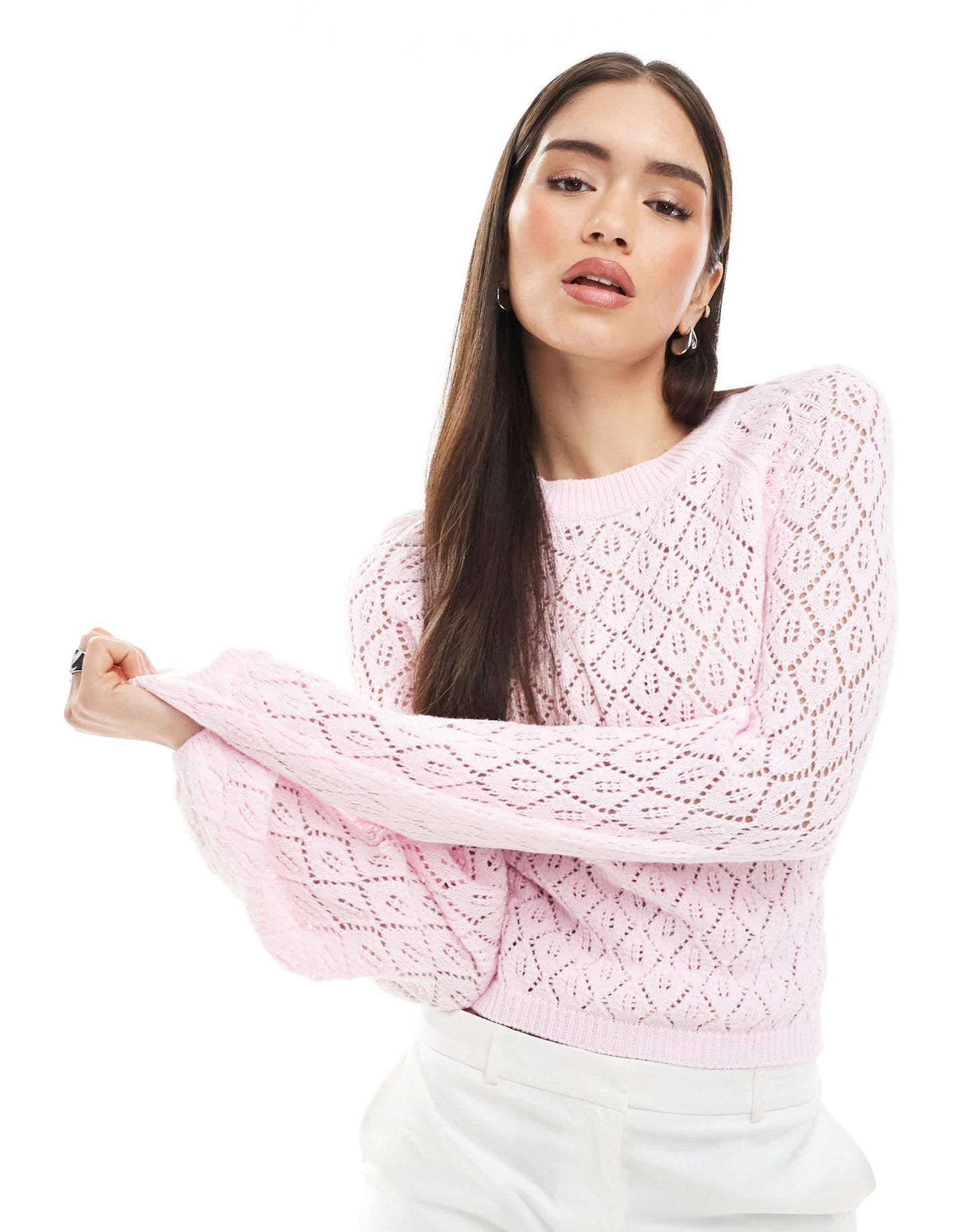 Miss Selfridge knitted crochet tie back jumper in pink