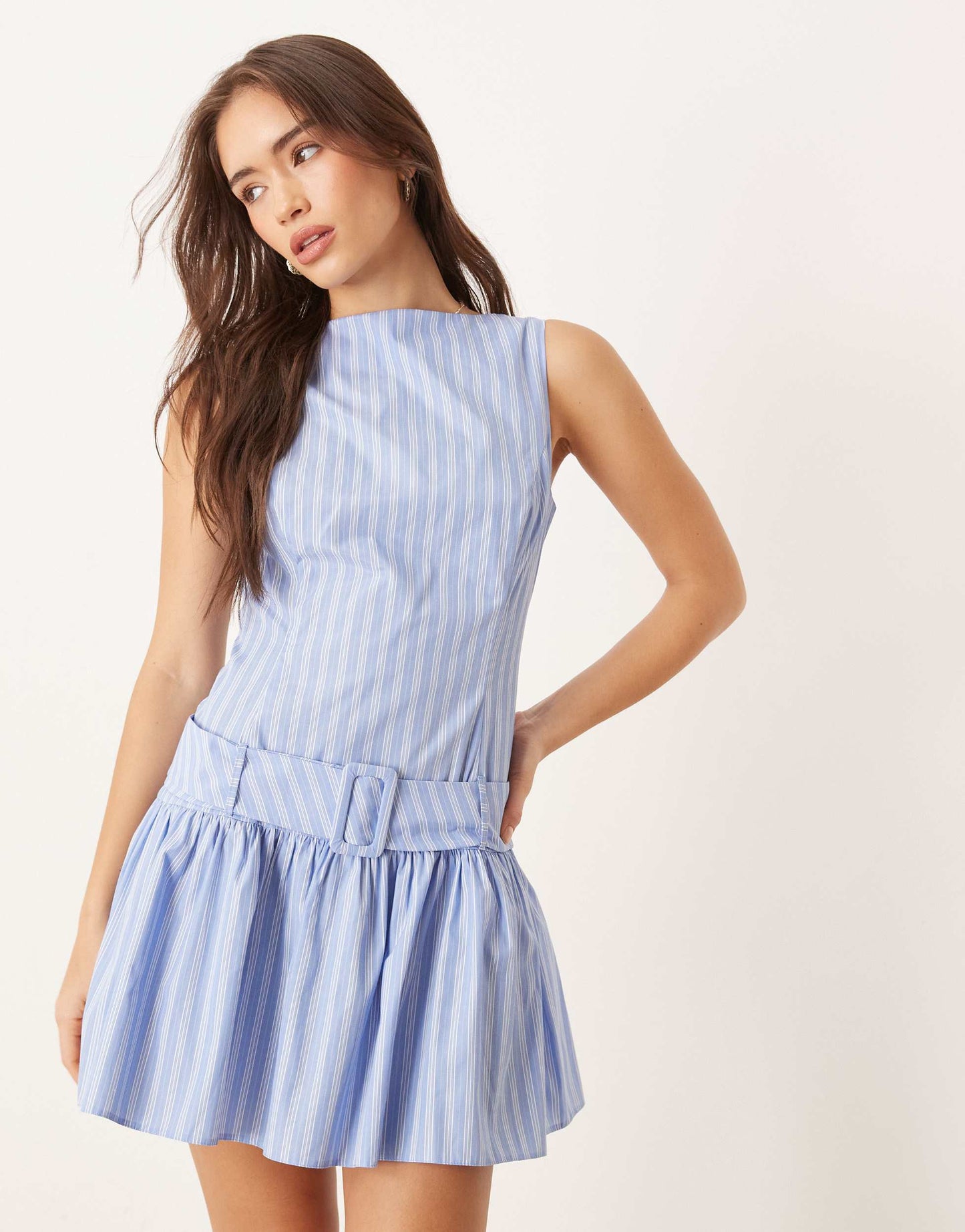 ASOS DESIGN drop waist mini dress with belt detail in blue stripe