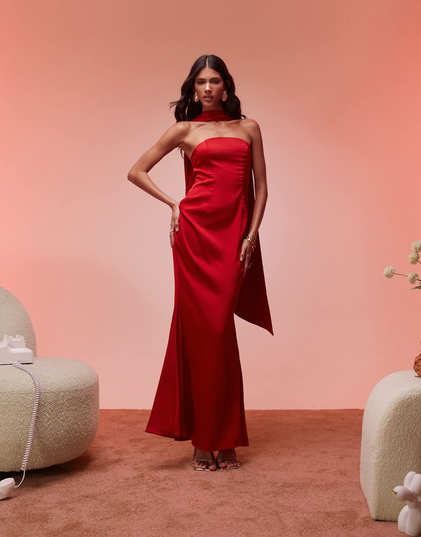 Oh Polly Mandi scarf detail strapless maxi dress in scarlet red