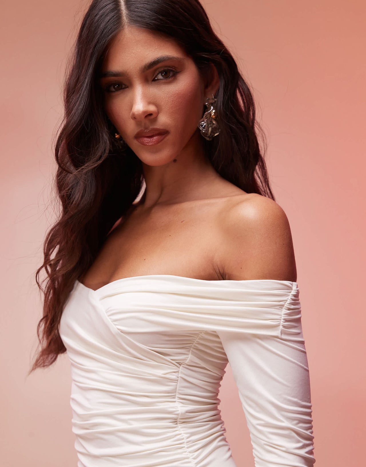 Oh Polly Aarti off shoulder ruched bodycon mini dress in vanilla