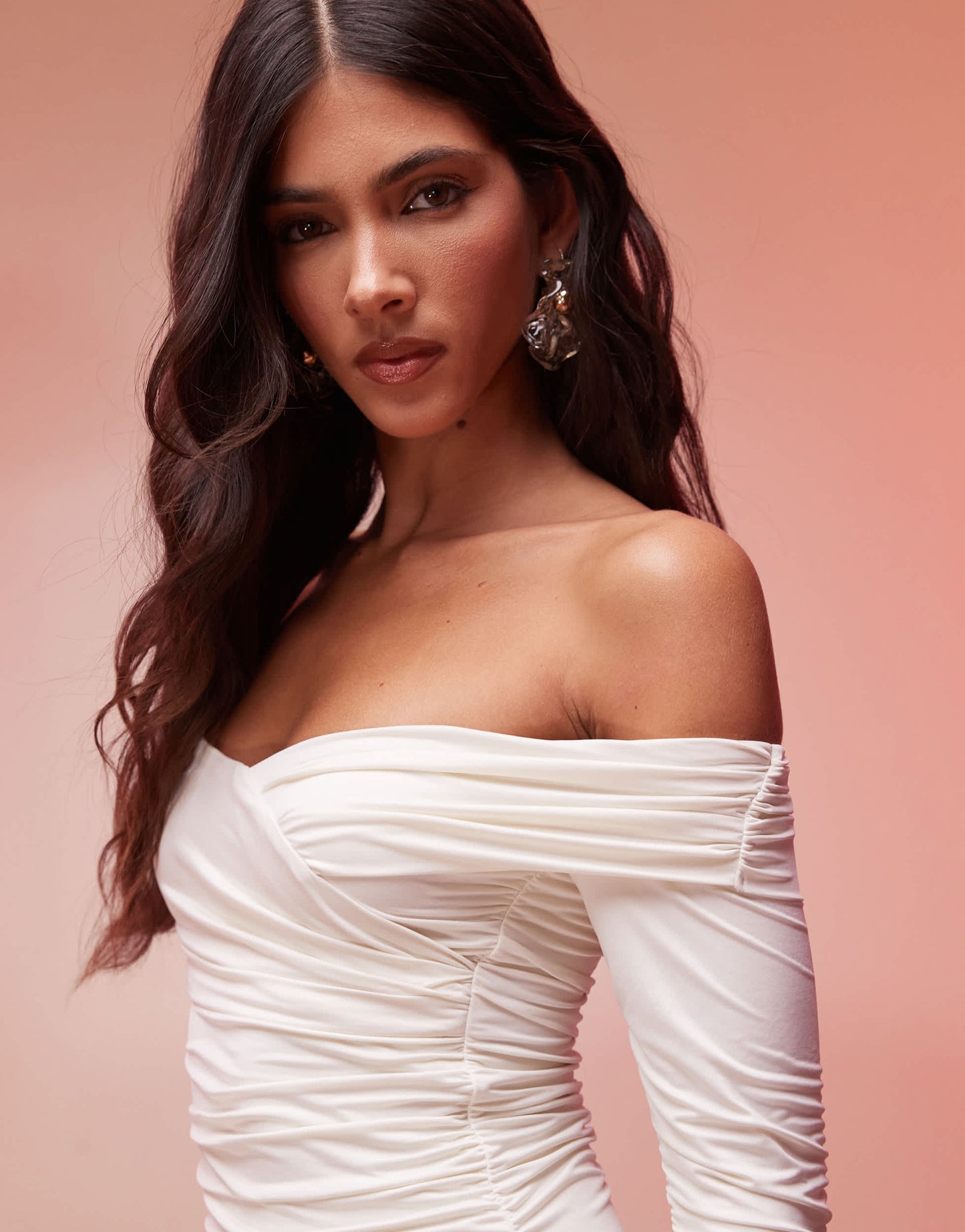 Oh Polly Aarti off shoulder ruched bodycon mini dress in vanilla