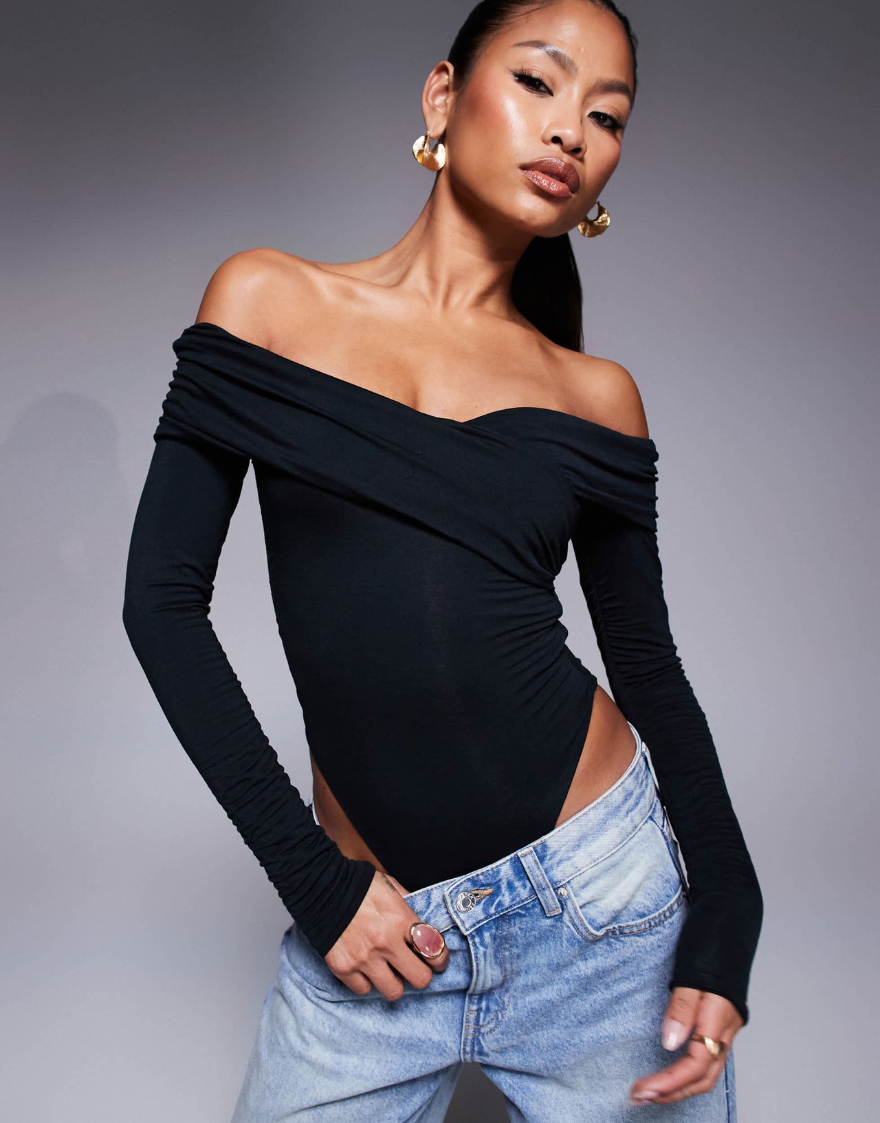 Oh Polly Ceyln modal off shoulder ruched bodysuit in black