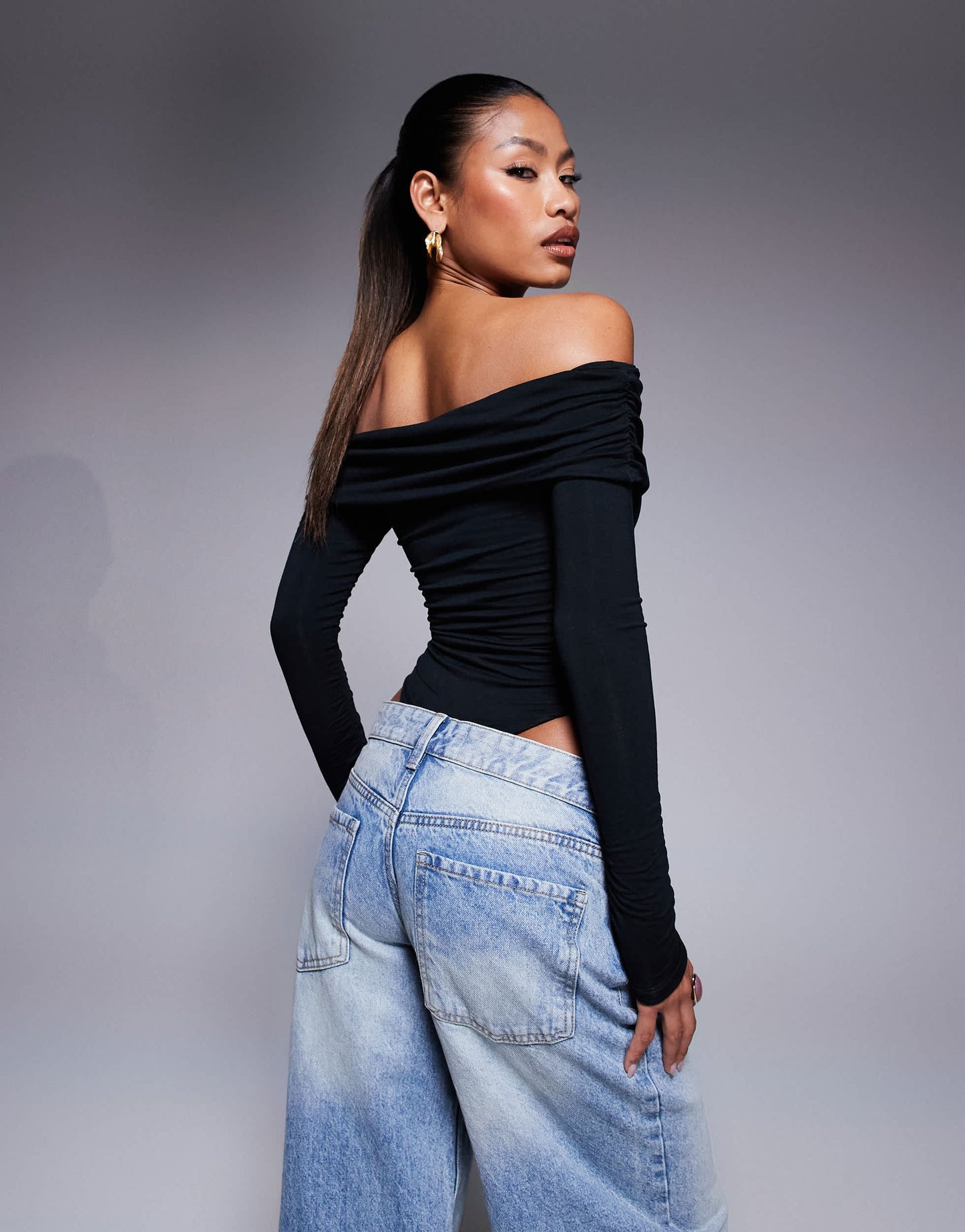 Oh Polly Ceyln modal off shoulder ruched bodysuit in black
