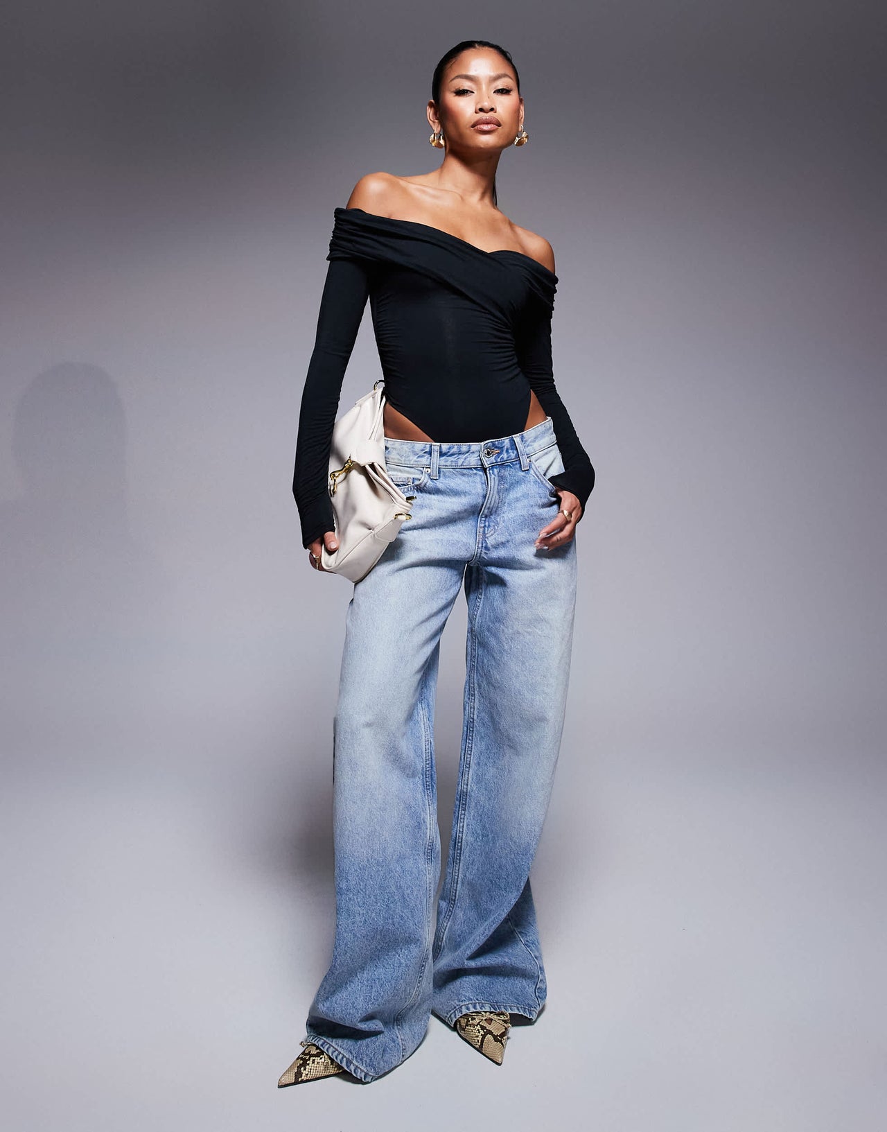 Oh Polly Ceyln modal off shoulder ruched bodysuit in black