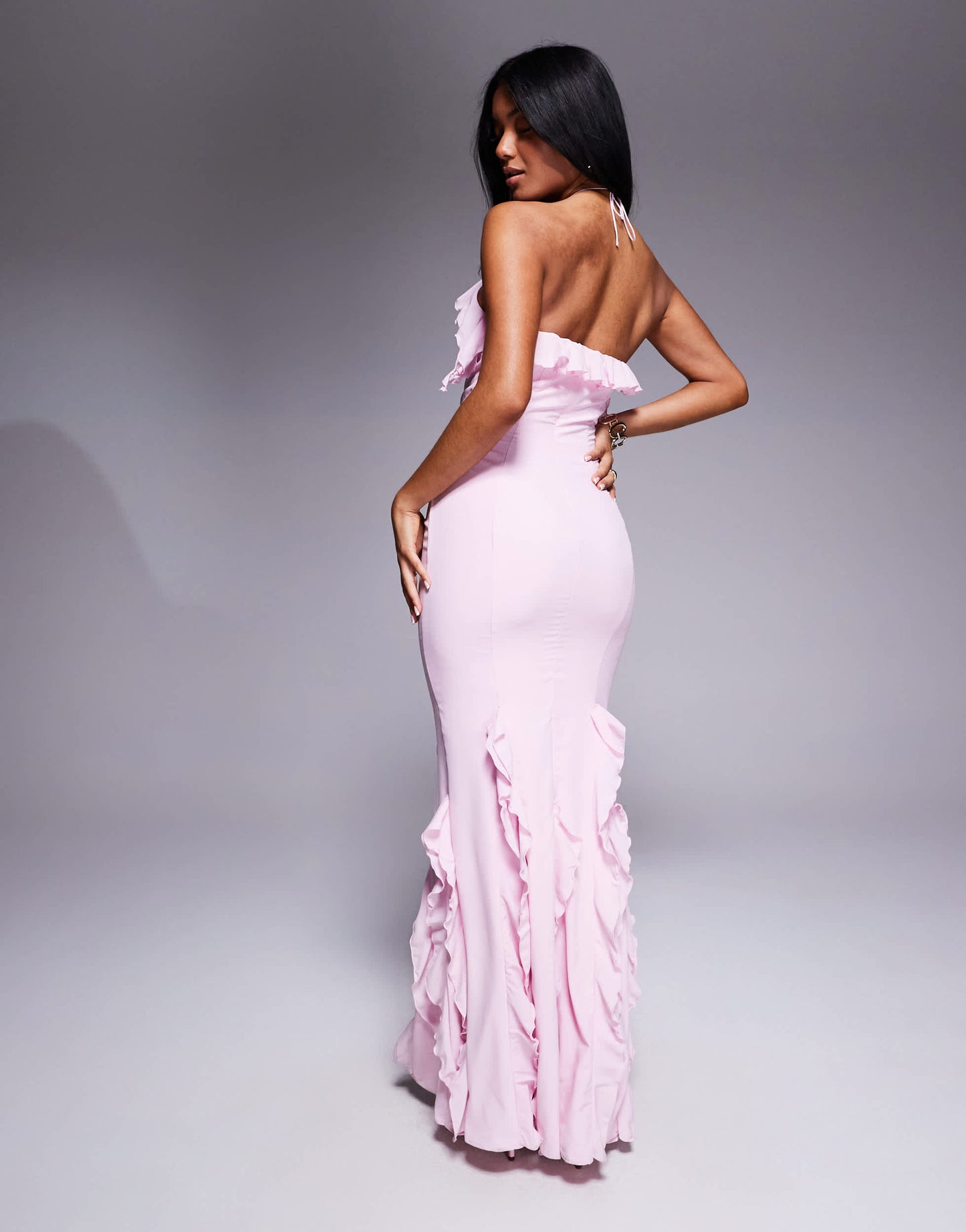 Oh Polly Miyera ruffle trim halterneck maxi dress in soft pink