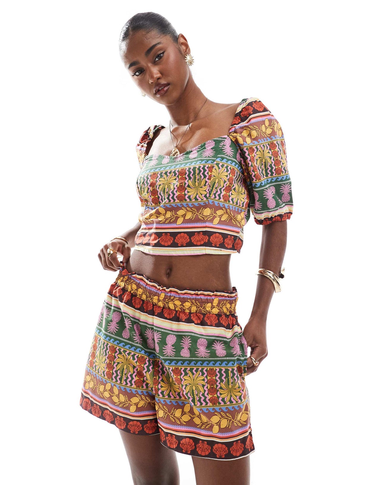 Vero Moda tropical summer printed puff sleeve crop top co-ord in multicolour