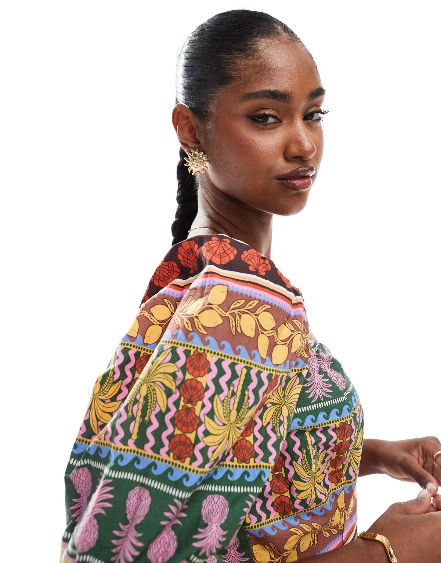 Vero Moda tropical summer printed puff sleeve crop top co-ord in multicolour