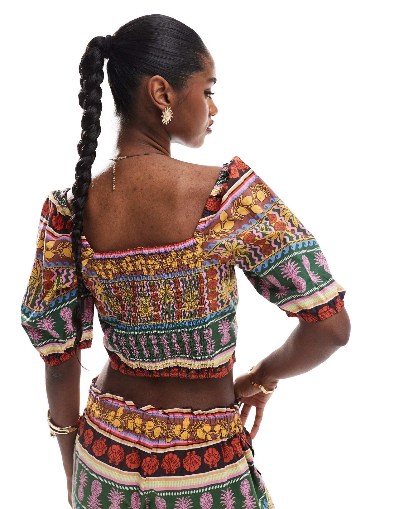 Vero Moda tropical summer printed puff sleeve crop top co-ord in multicolour