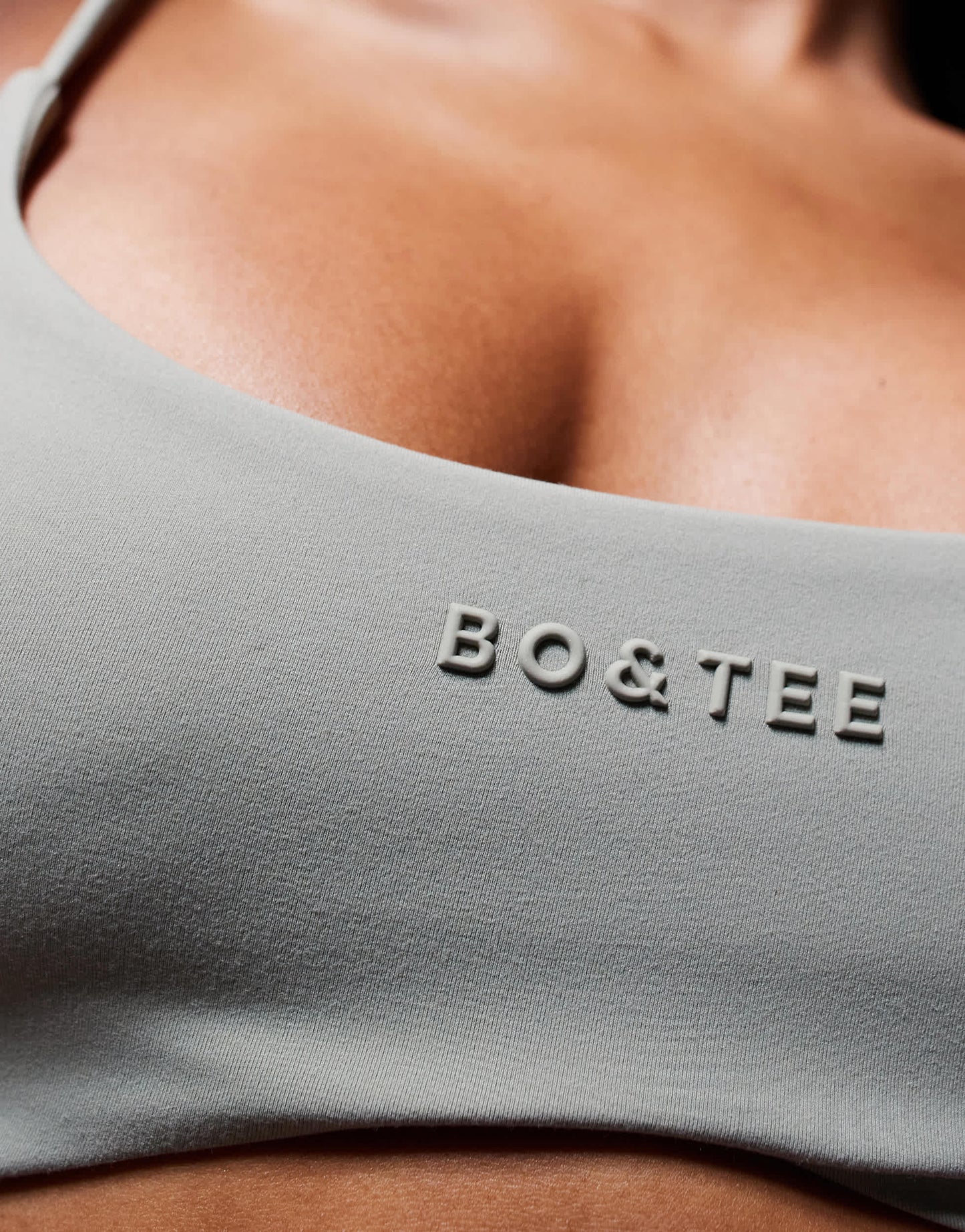 Bo+Tee sports bra co-ord in mineral soft olive