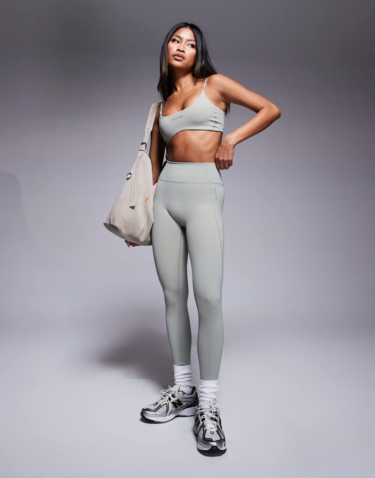 Bo+Tee sports bra co-ord in mineral soft olive