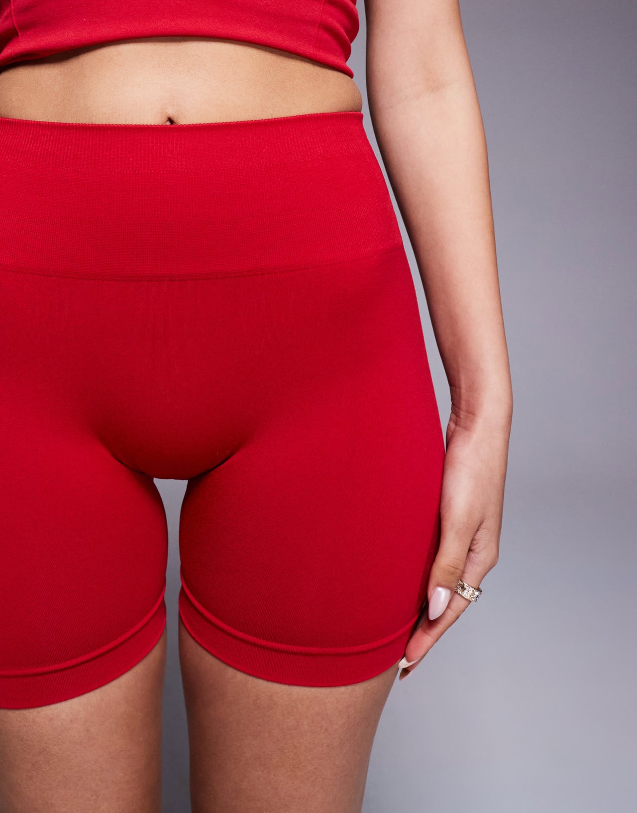 Bo+Tee Define Luxe high waist mini shorts co-ord in red