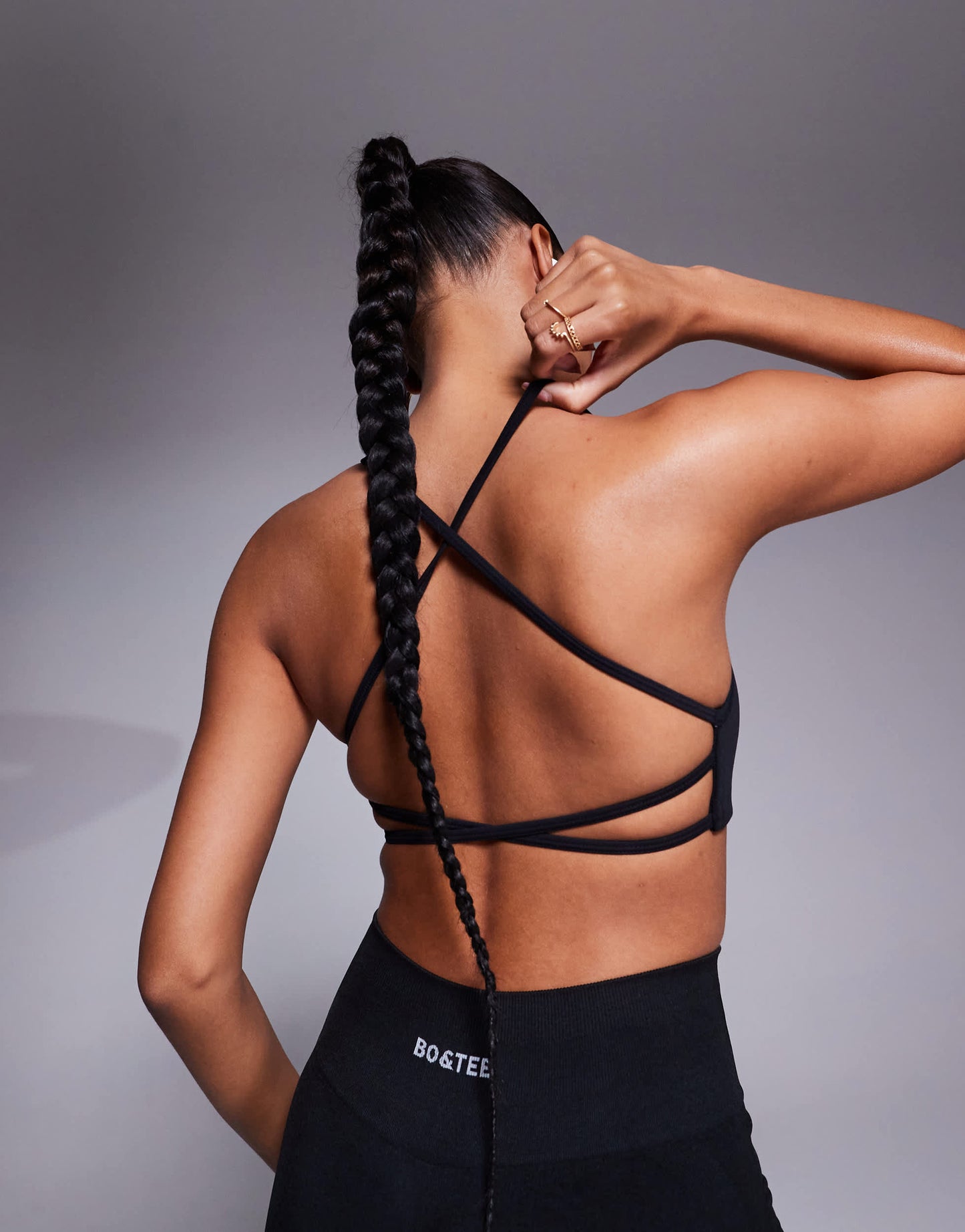 Bo+Tee backless scoop neck sports bra in black