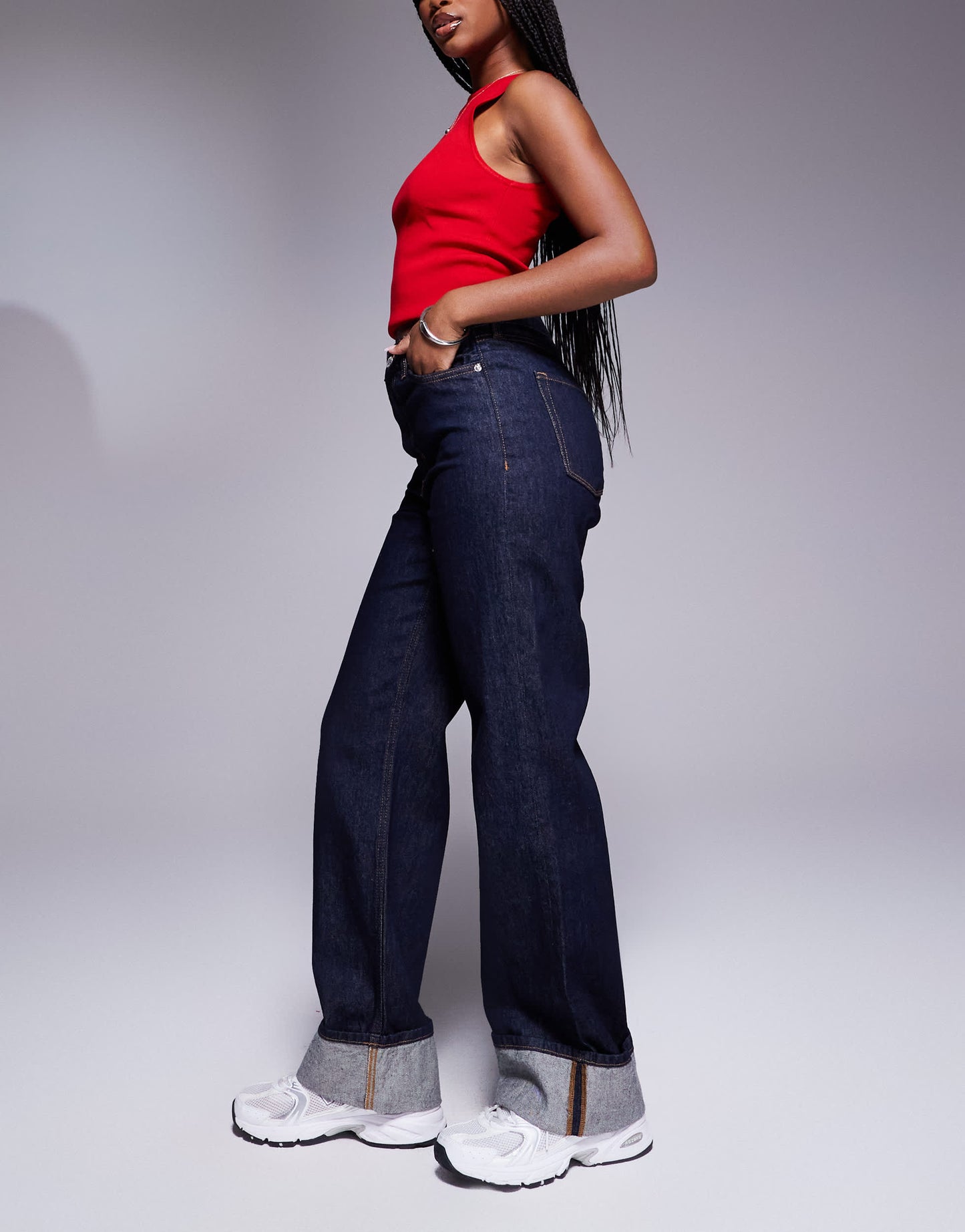 River Island turn up detail straight leg jeans in navy blue