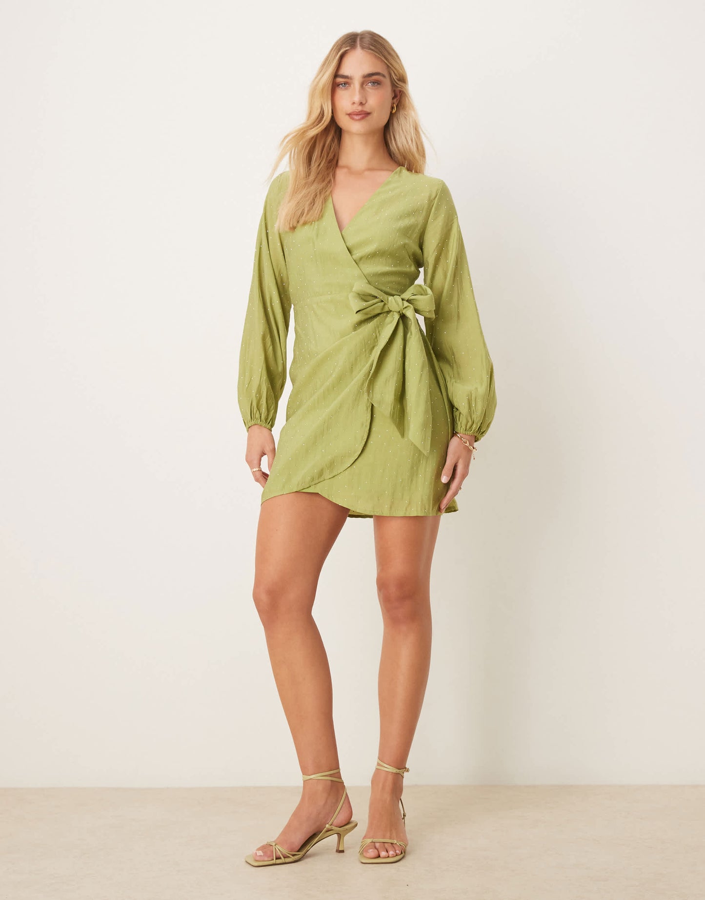 Never Fully Dressed hotfix wrap mini dress in olive