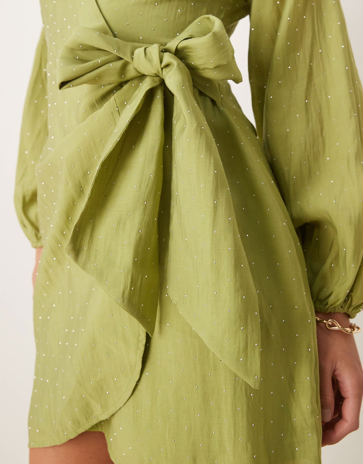Never Fully Dressed hotfix wrap mini dress in olive