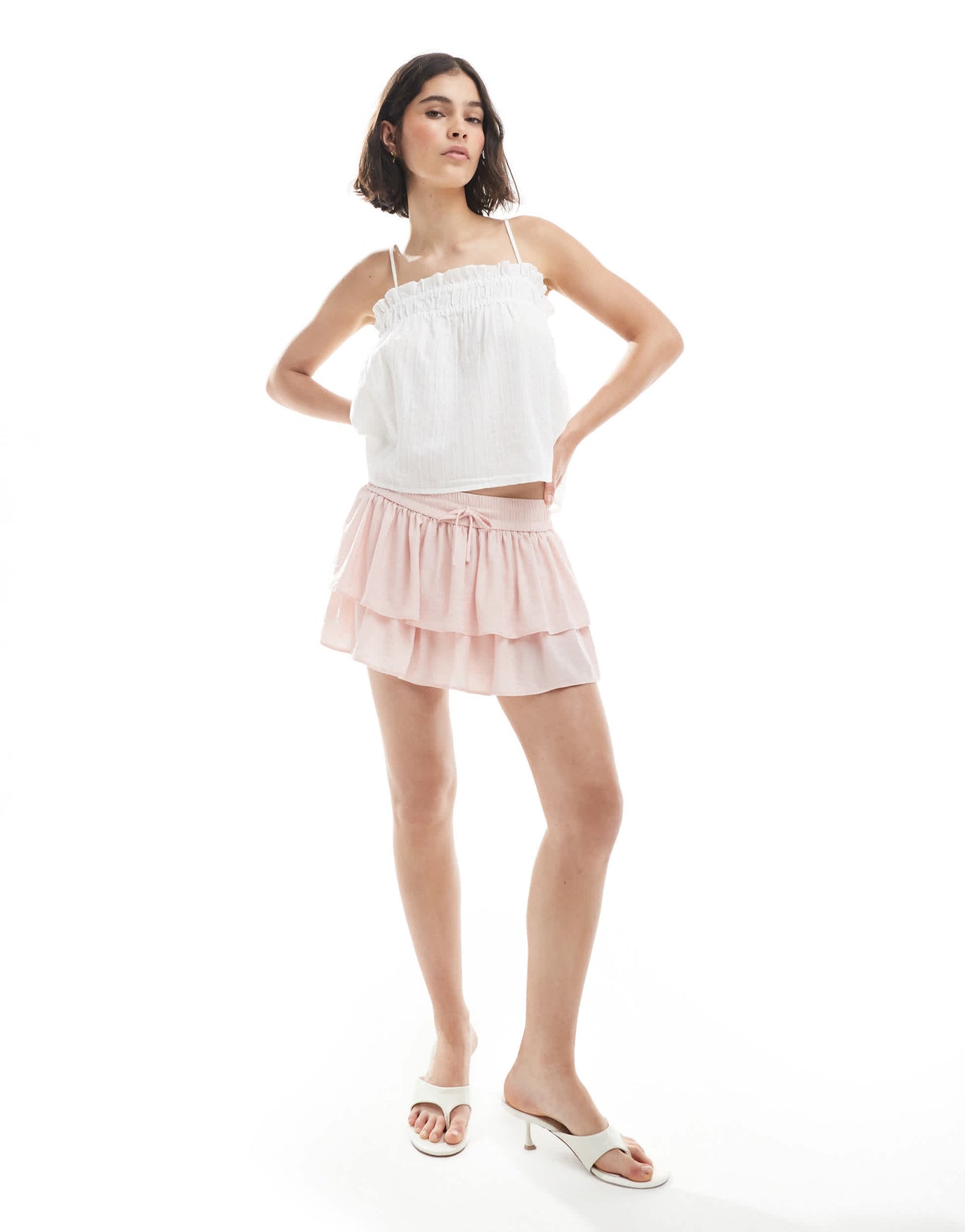 Pieces shirred floaty cami top in white