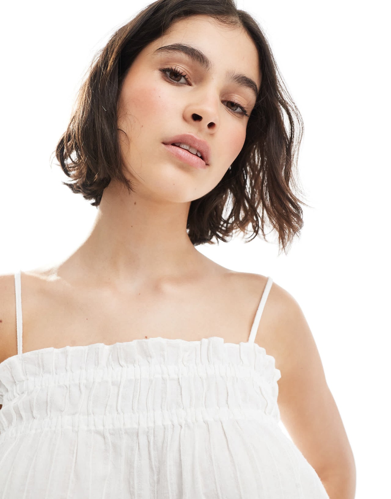 Pieces shirred floaty cami top in white