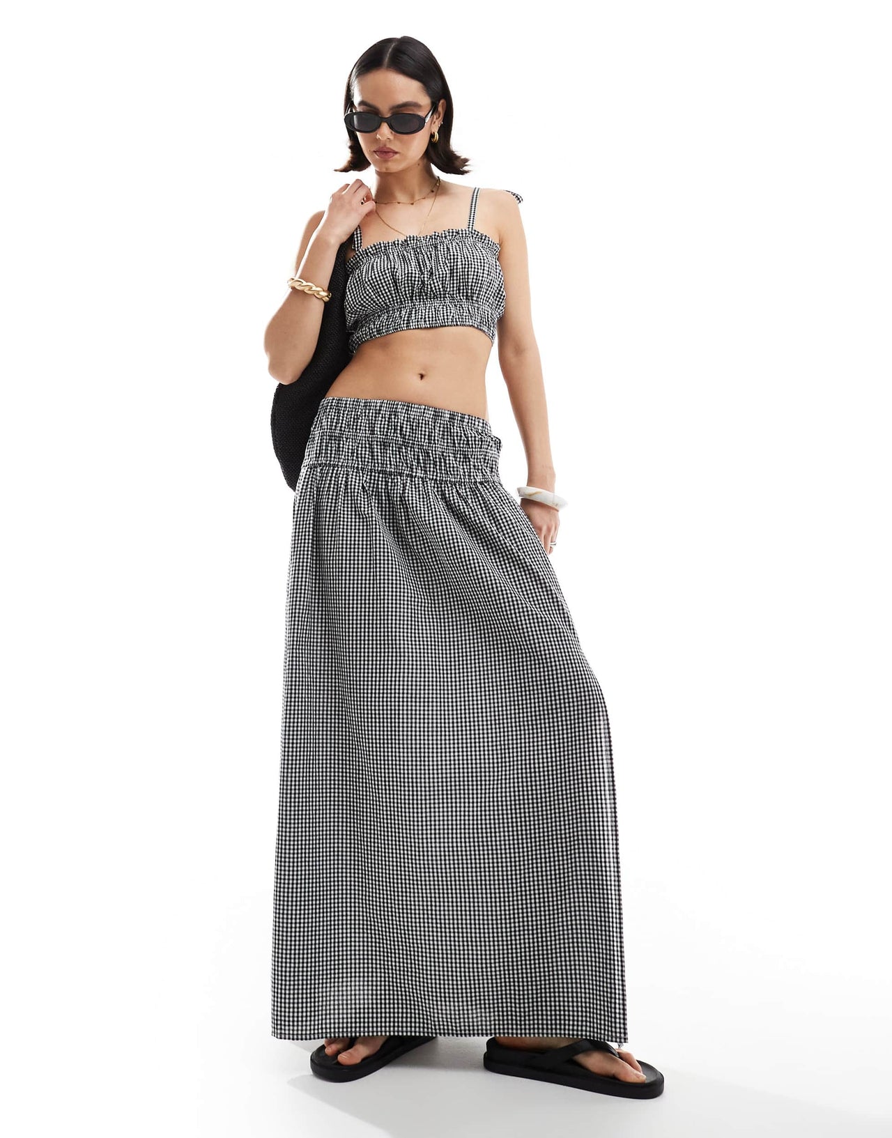 New Look co-ord shirred crop cami in black gingham