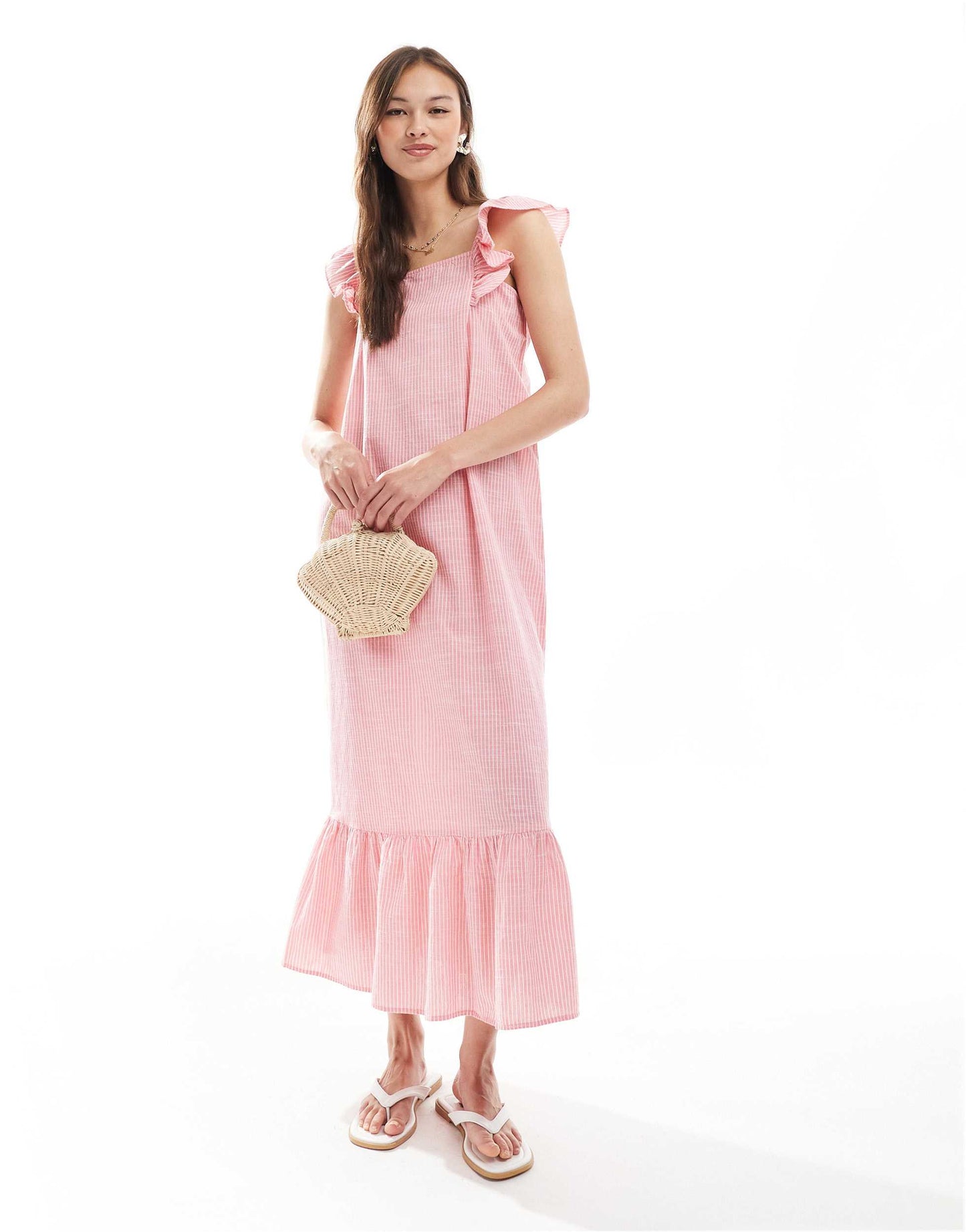 Pieces flutter strap tiered cami maxi dress in pink stripe