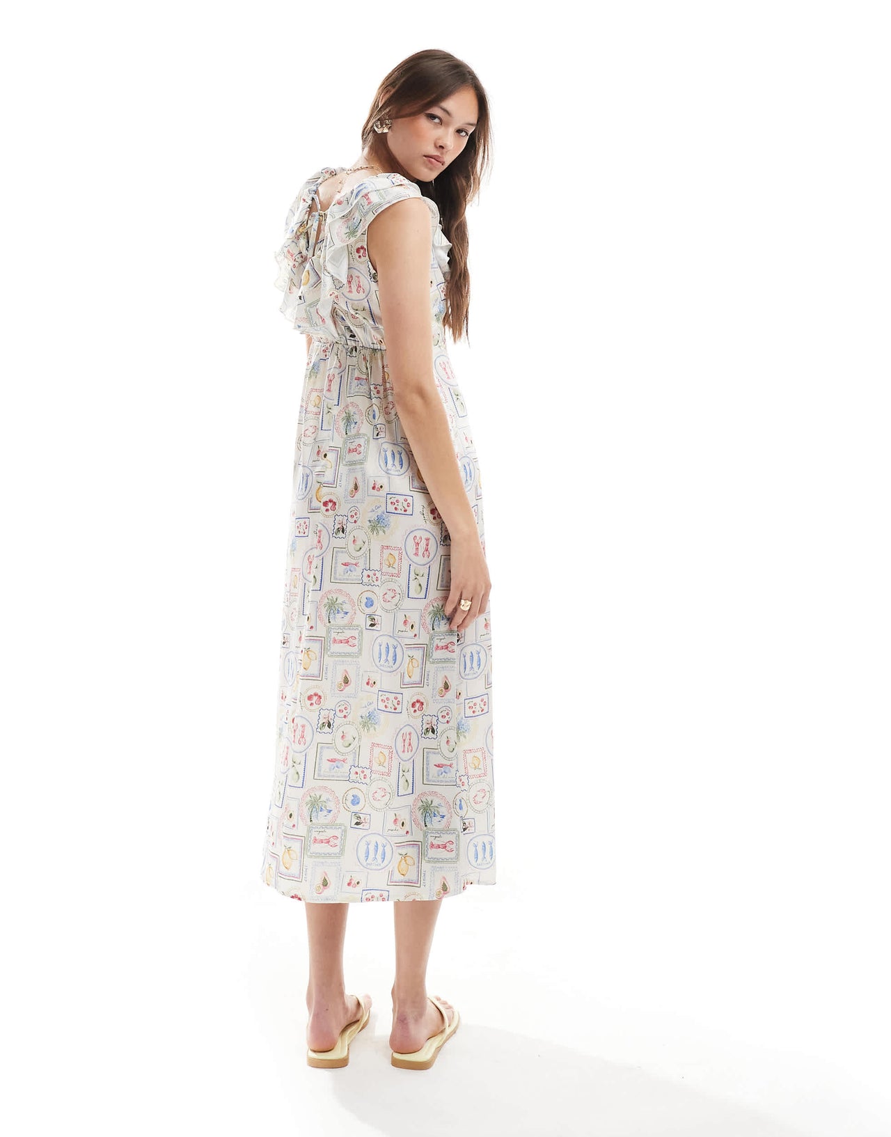 New Look ruffle midi dress in lobster print