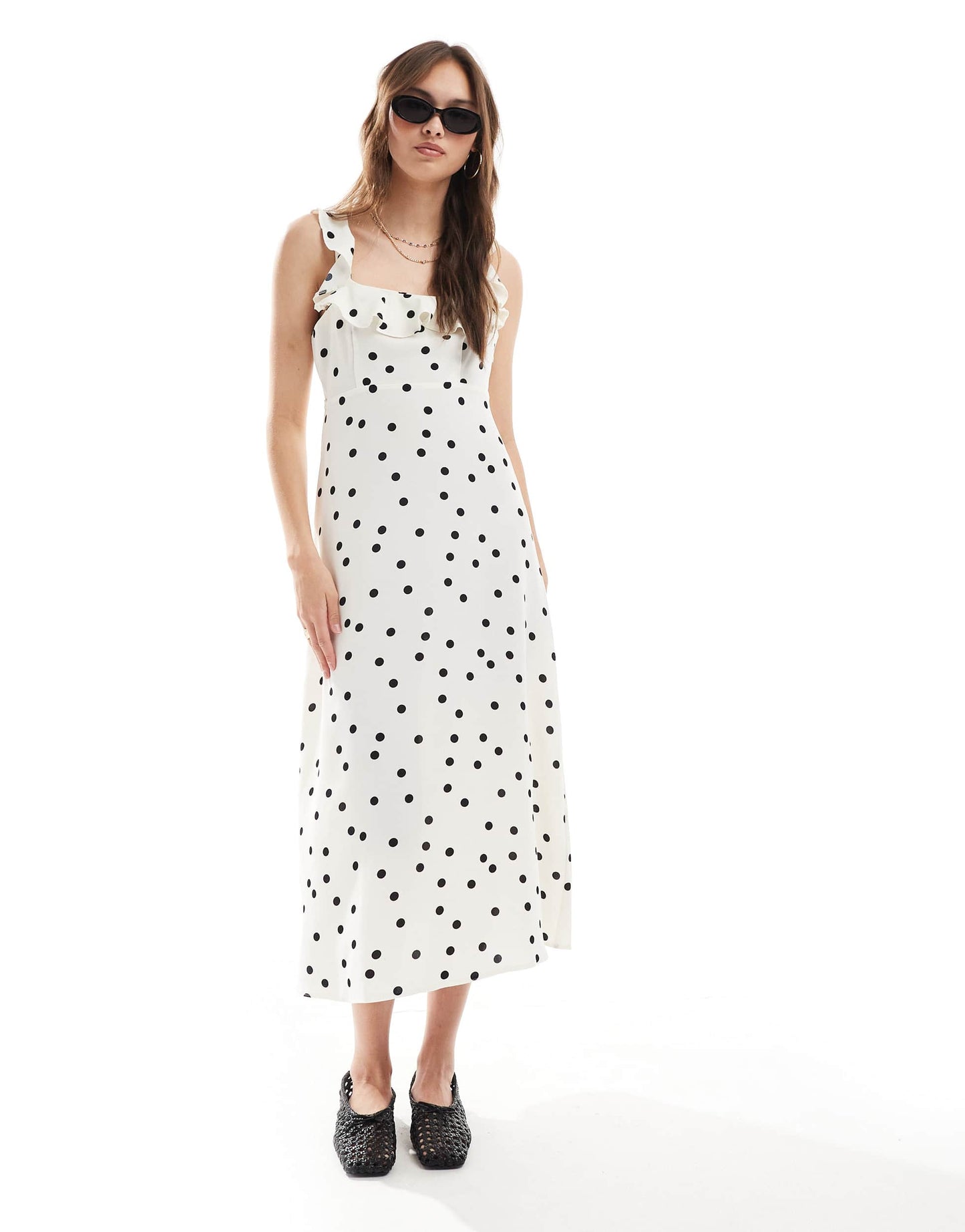 New Look ruffle sleeve cami midi dress in cream polka dot