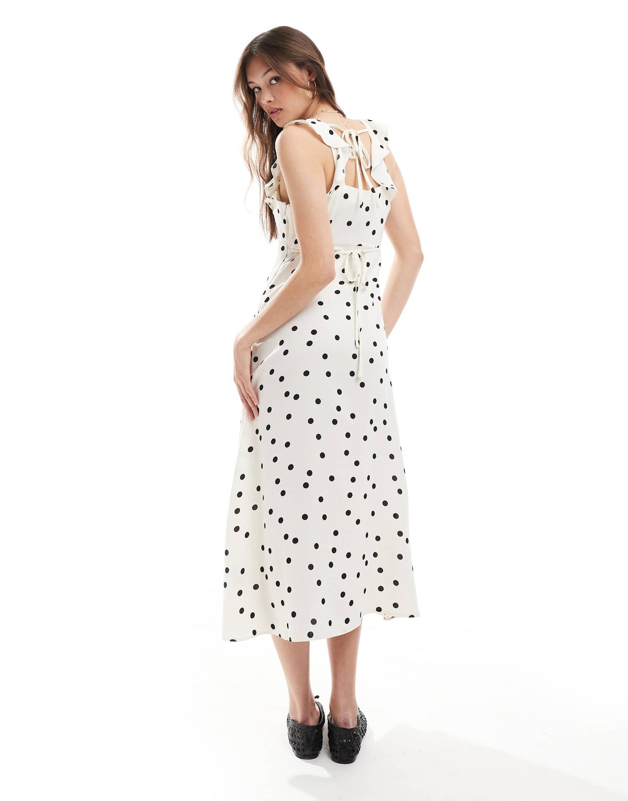 New Look ruffle sleeve cami midi dress in cream polka dot