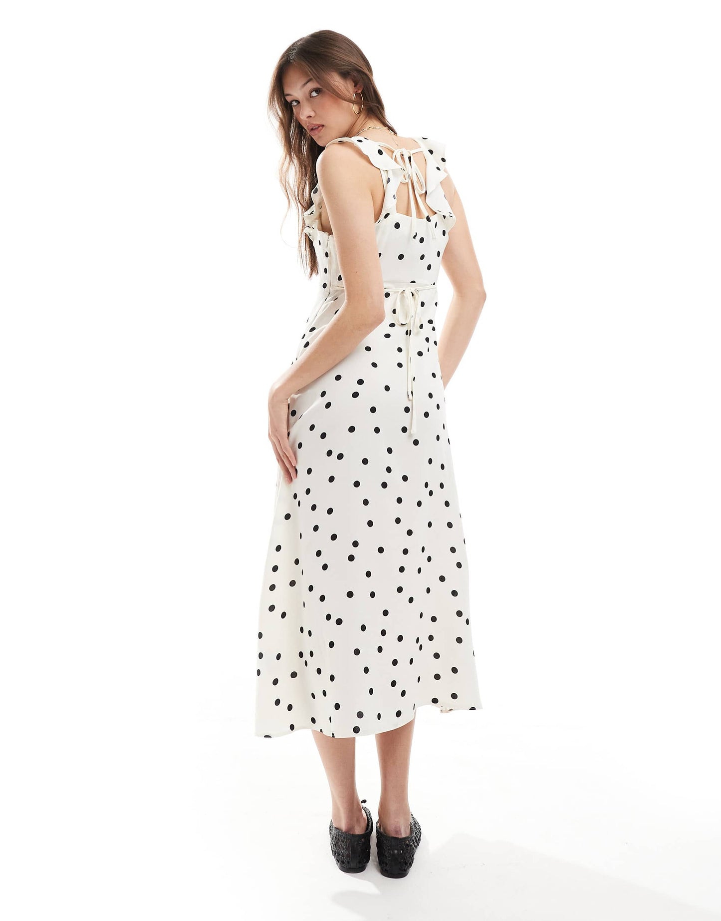 New Look ruffle sleeve cami midi dress in cream polka dot