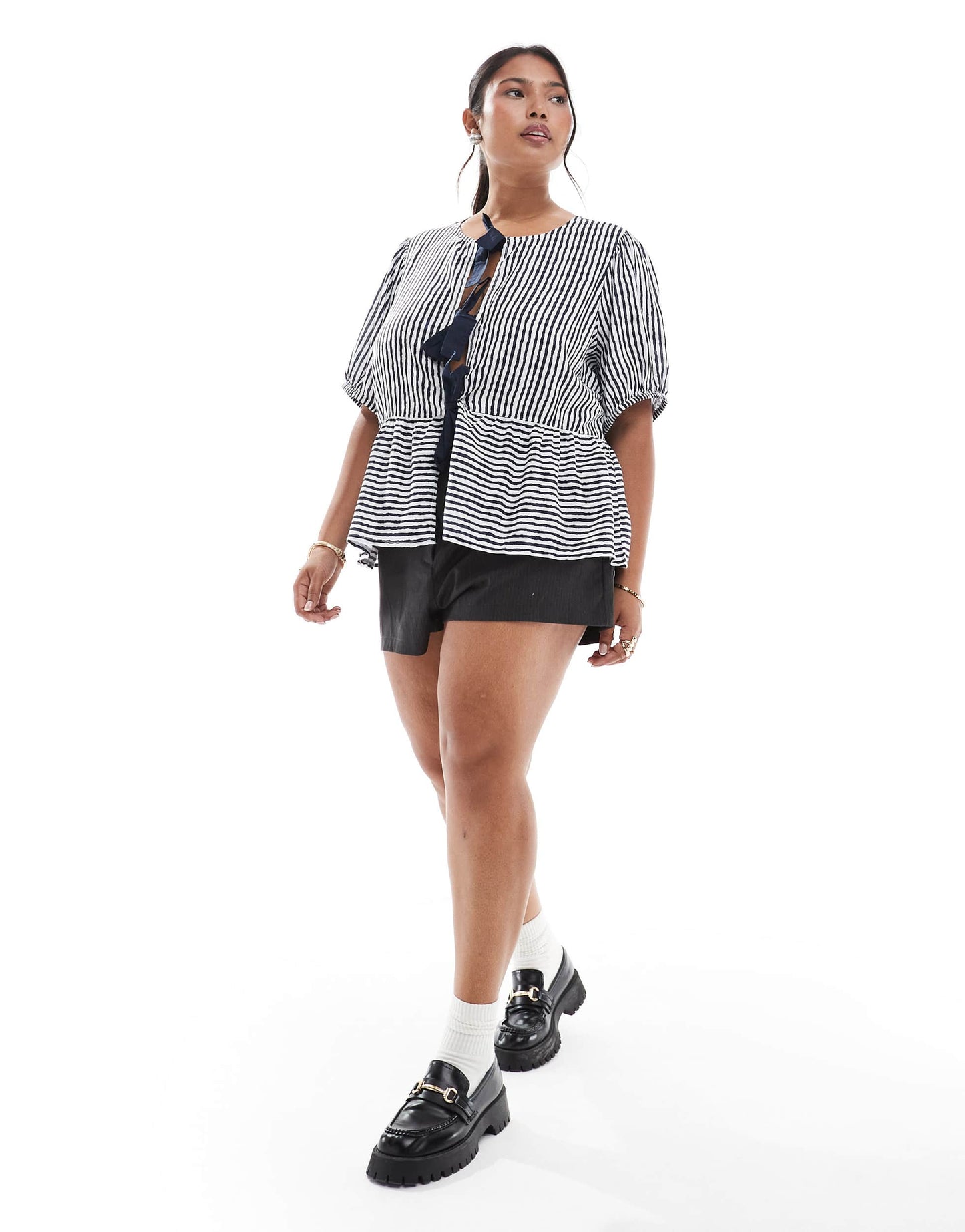 Pieces Curve tie front short sleeve peplum hem top in navy and white stripe