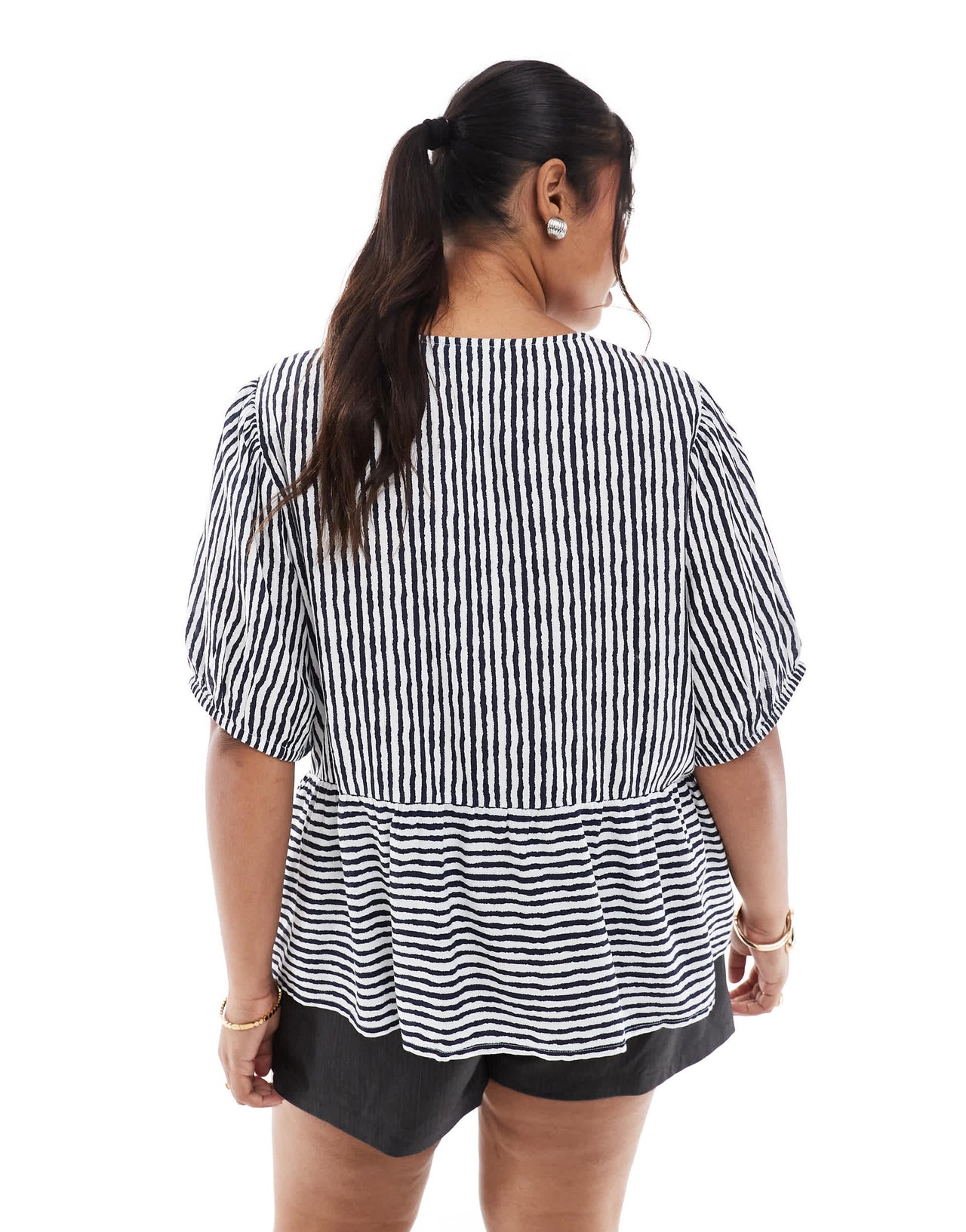Pieces Curve tie front short sleeve peplum hem top in navy and white stripe