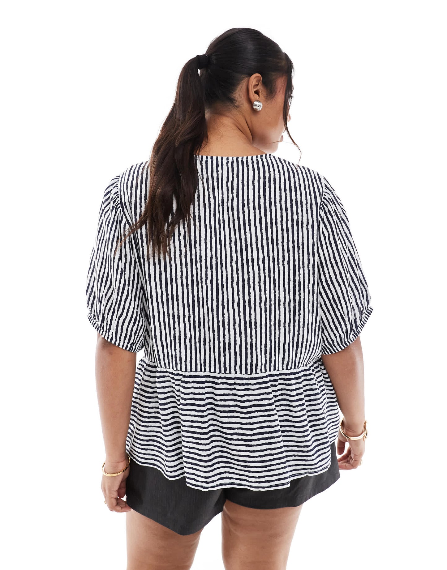 Pieces Curve tie front short sleeve peplum hem top in navy and white stripe