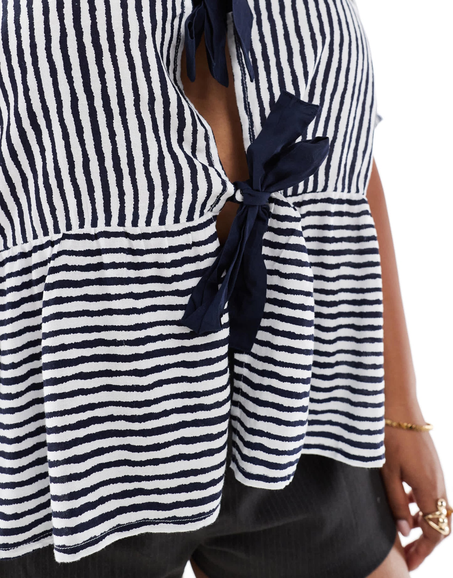 Pieces Curve tie front short sleeve peplum hem top in navy and white stripe