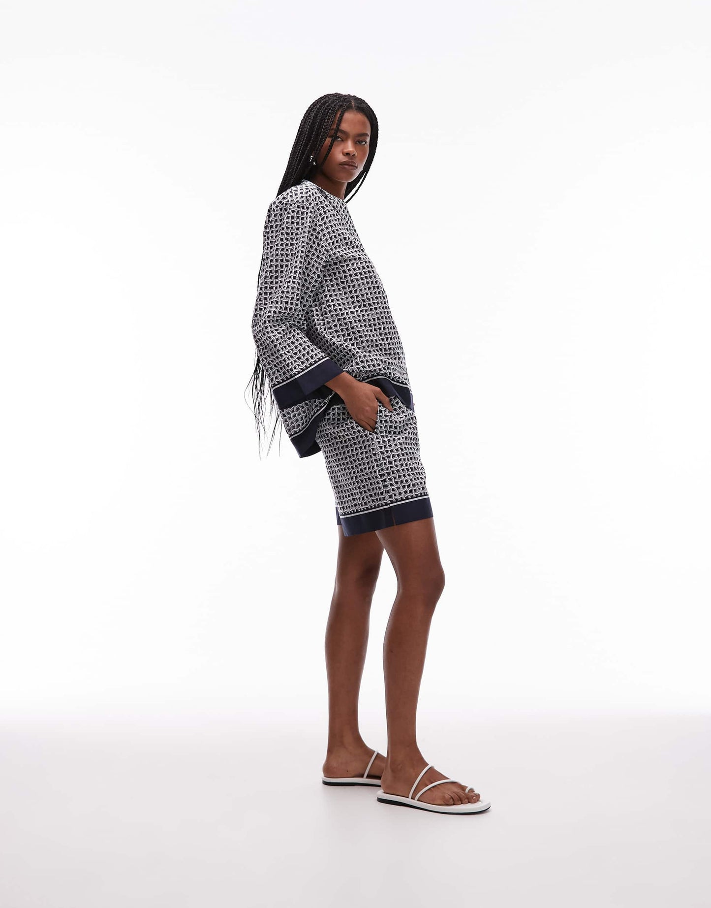 ARKET loose fit beach shorts with pull-on waist in blue abstract tile print