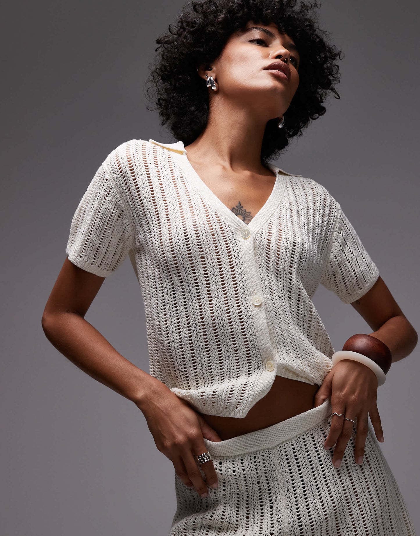 ARKET loose fit paper knitted short sleeve beach button up shirt in off white