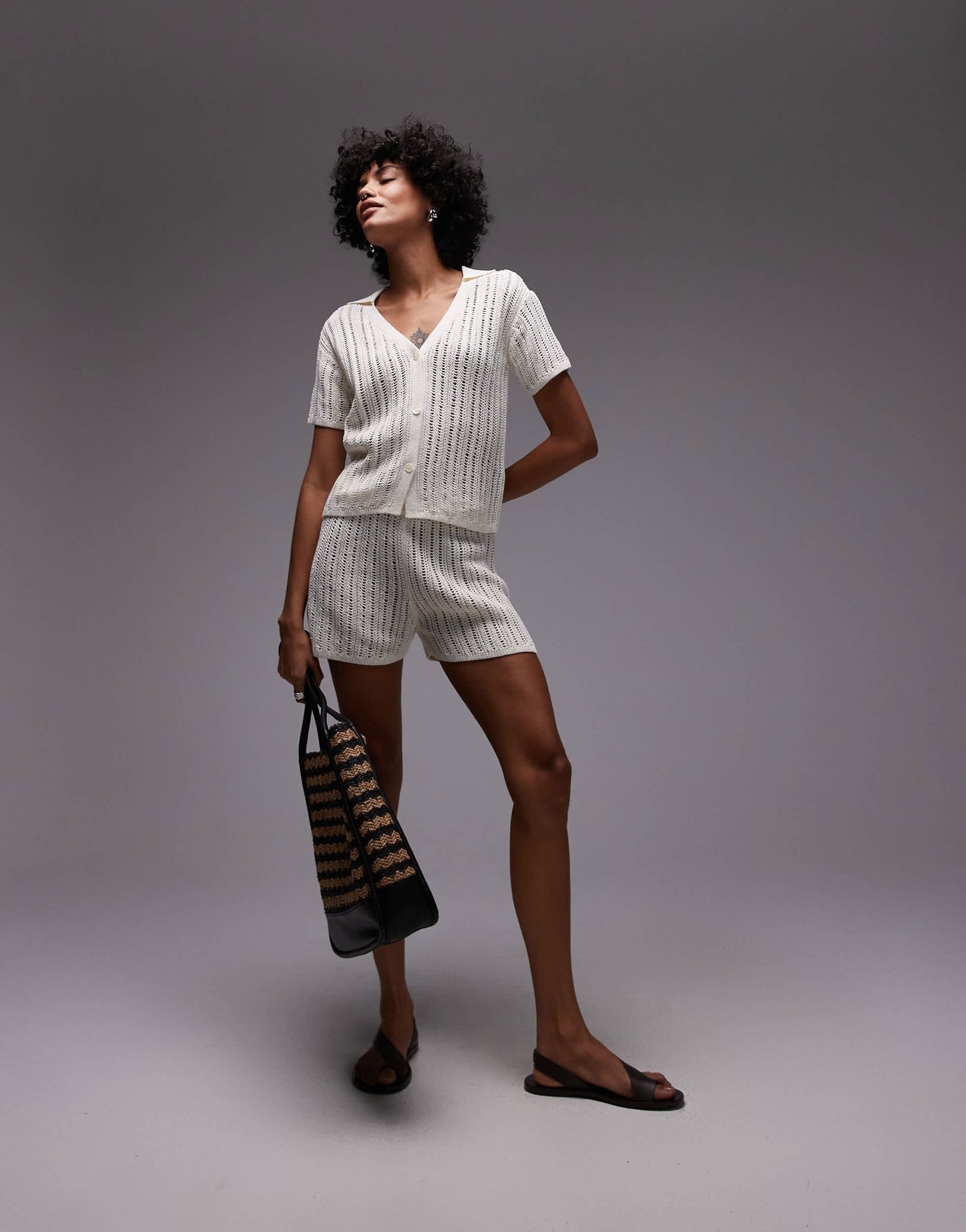 ARKET loose fit paper knitted short sleeve beach button up shirt in off white