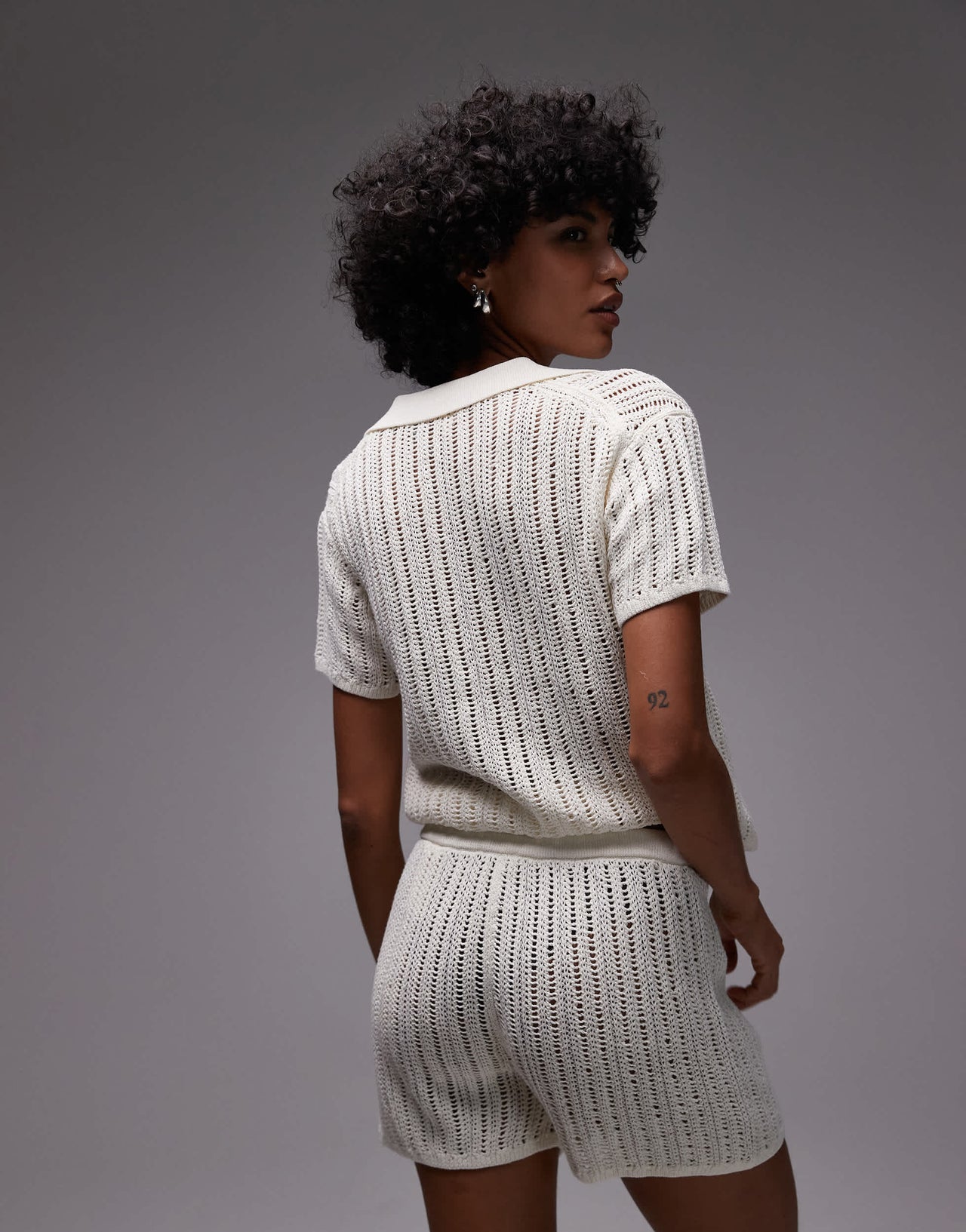 ARKET loose fit paper knitted short sleeve beach button up shirt in off white