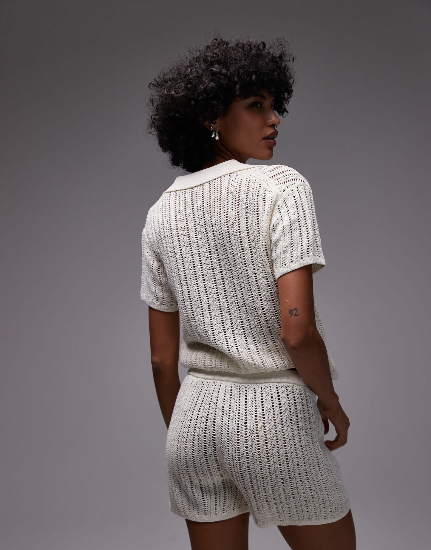 ARKET loose fit paper knitted short sleeve beach button up shirt in off white