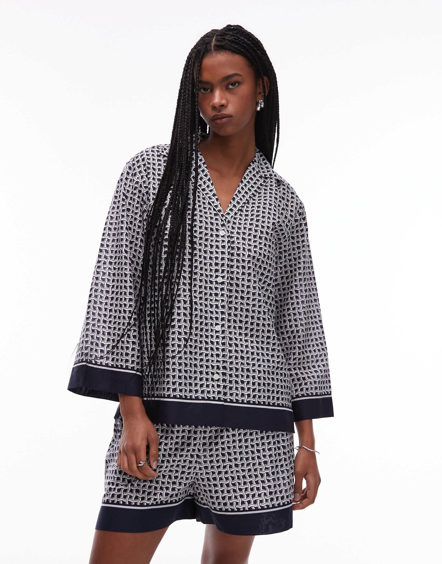 ARKET loose fit beach shirt with revere collar in blue abstract tile print