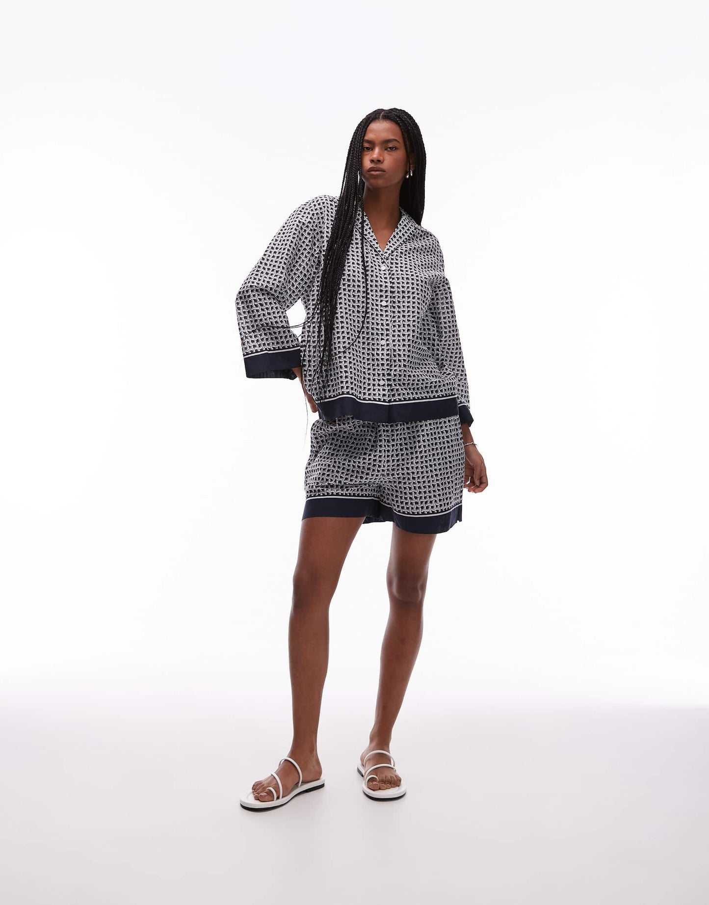 ARKET loose fit beach shirt with revere collar in blue abstract tile print