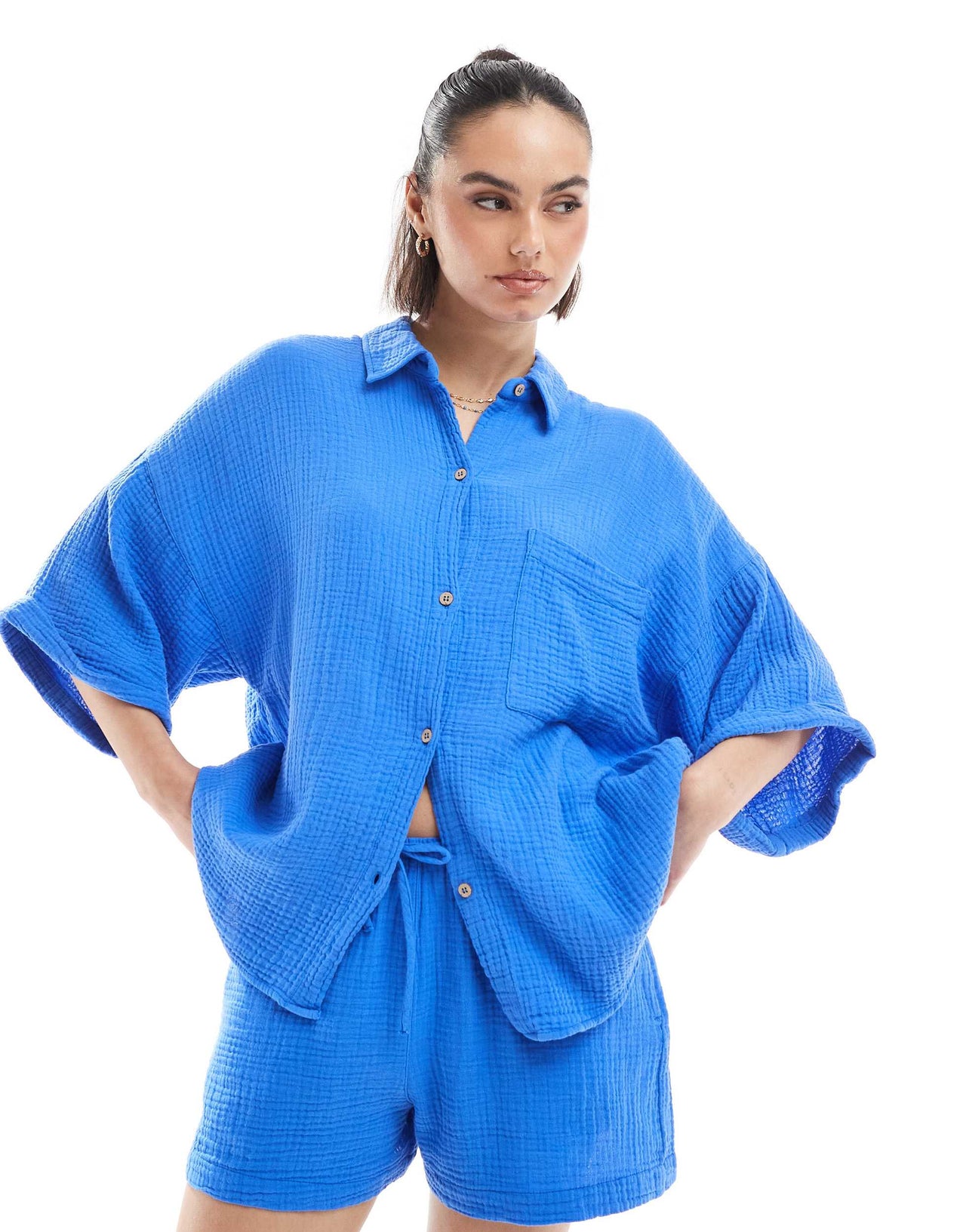 Pull&Bear textured crinkle shirt co-ord in blue