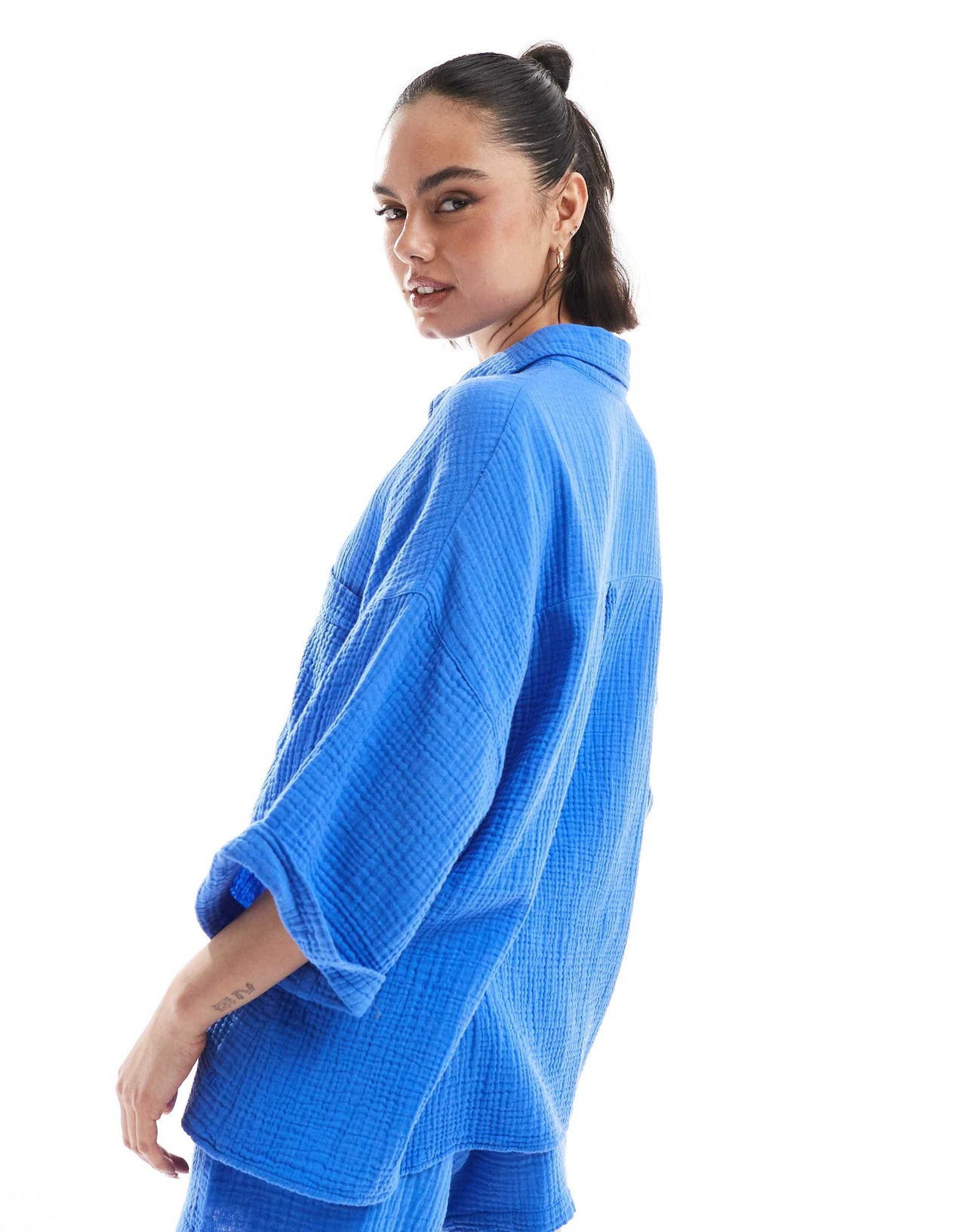 Pull&Bear textured crinkle shirt co-ord in blue