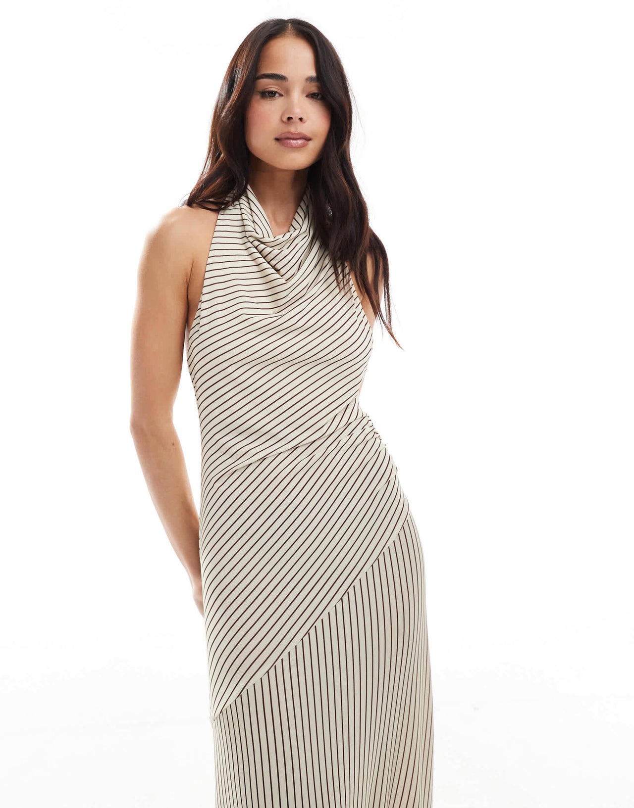 Pull&Bear stripe panelled beach wrap maxi dress in brown & white
