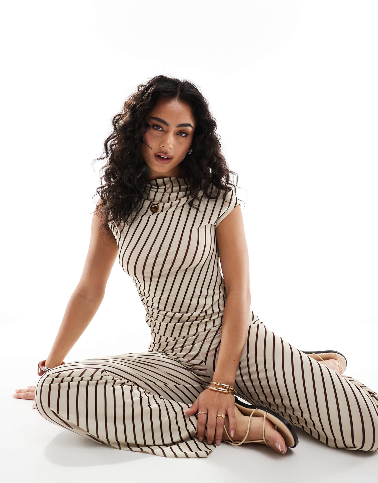Pull&Bear striped wide leg trouser co-ord in brown & white