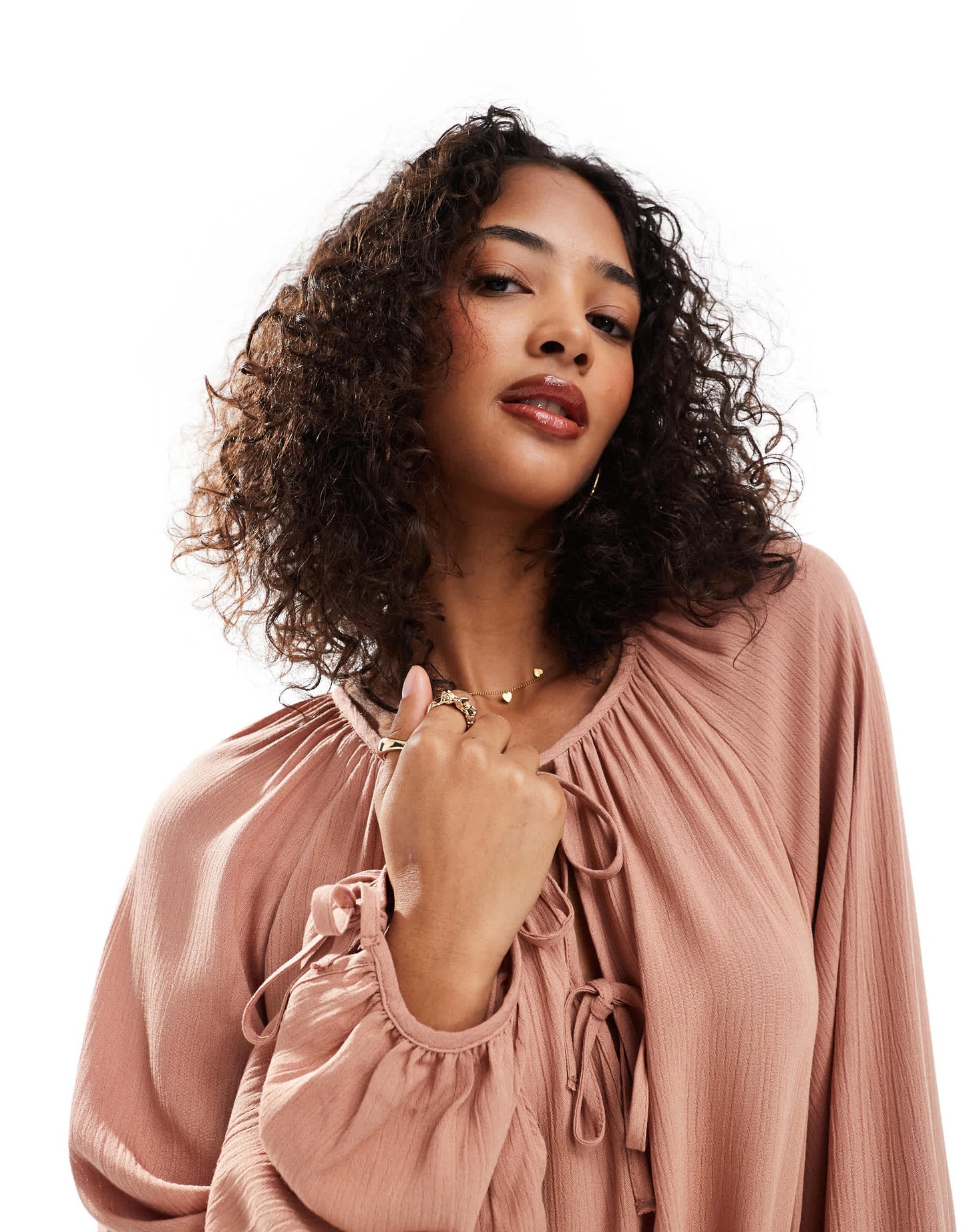 Miss Selfridge tie front balloon sleeve boho blouse in chocolate