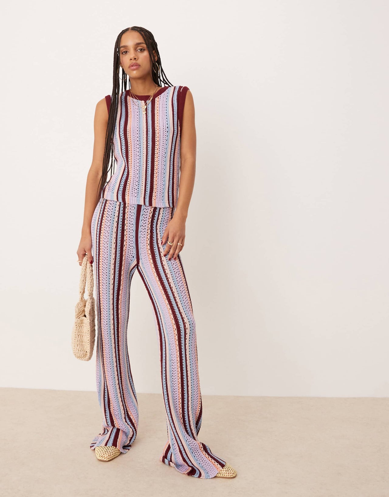 ASOS DESIGN mock crochet vertical stripe knitted trouser in multi