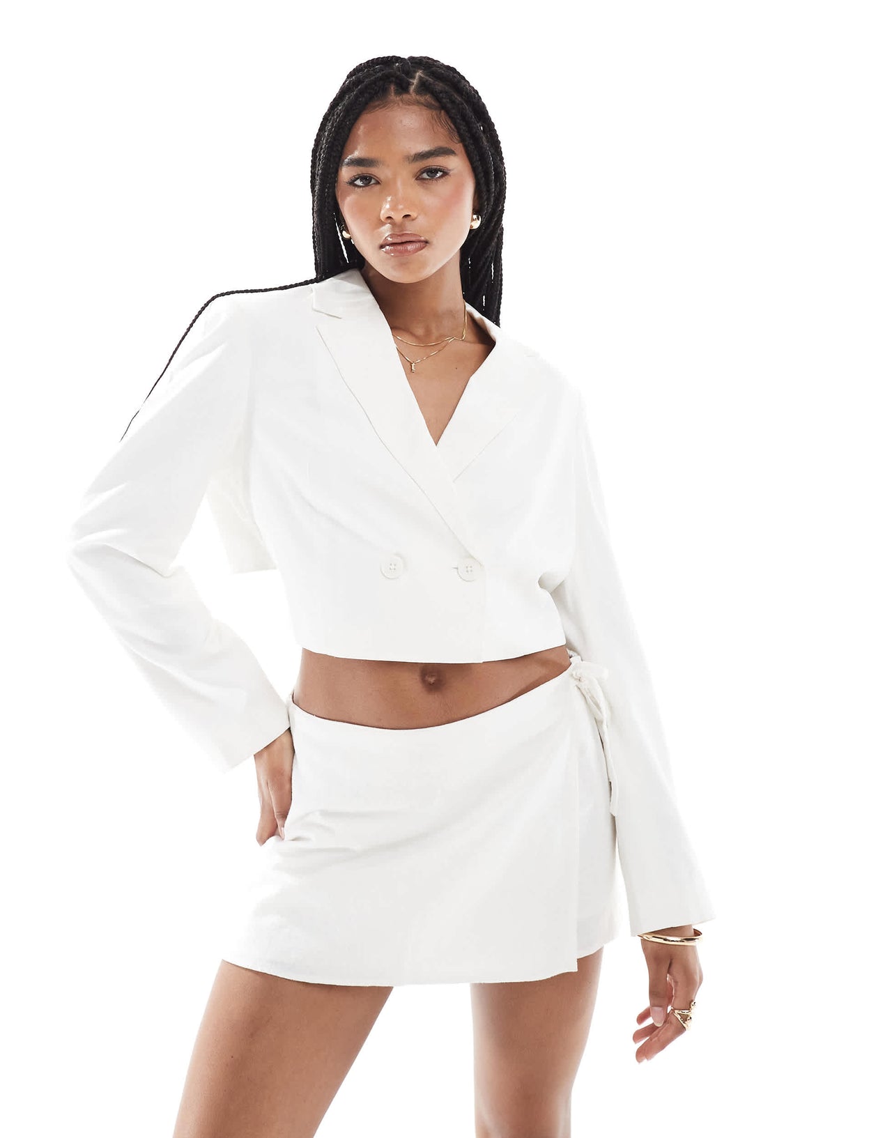 Stradivarius open back cropped blazer in white