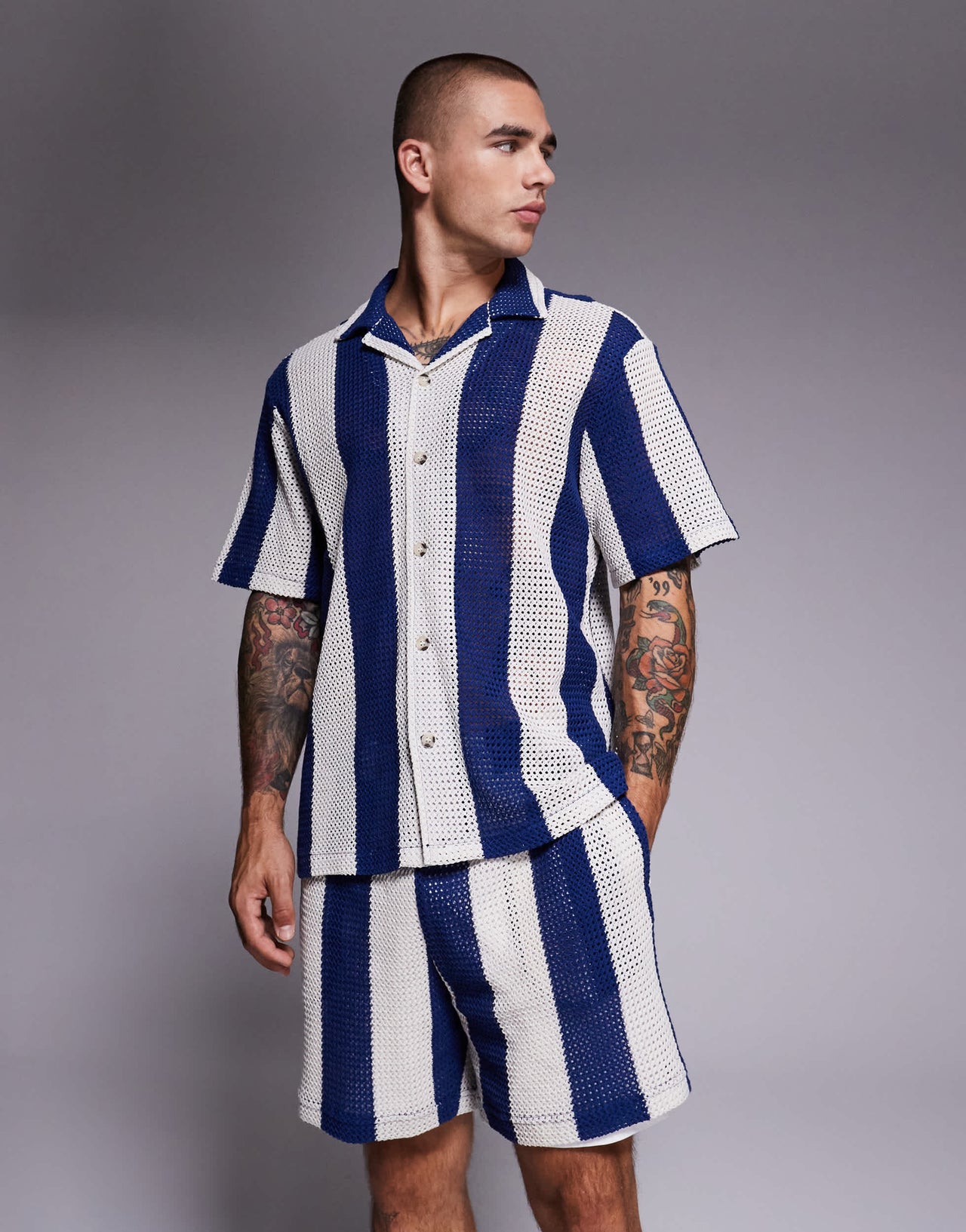 River Island stripe crochet shorts co-ord in blue