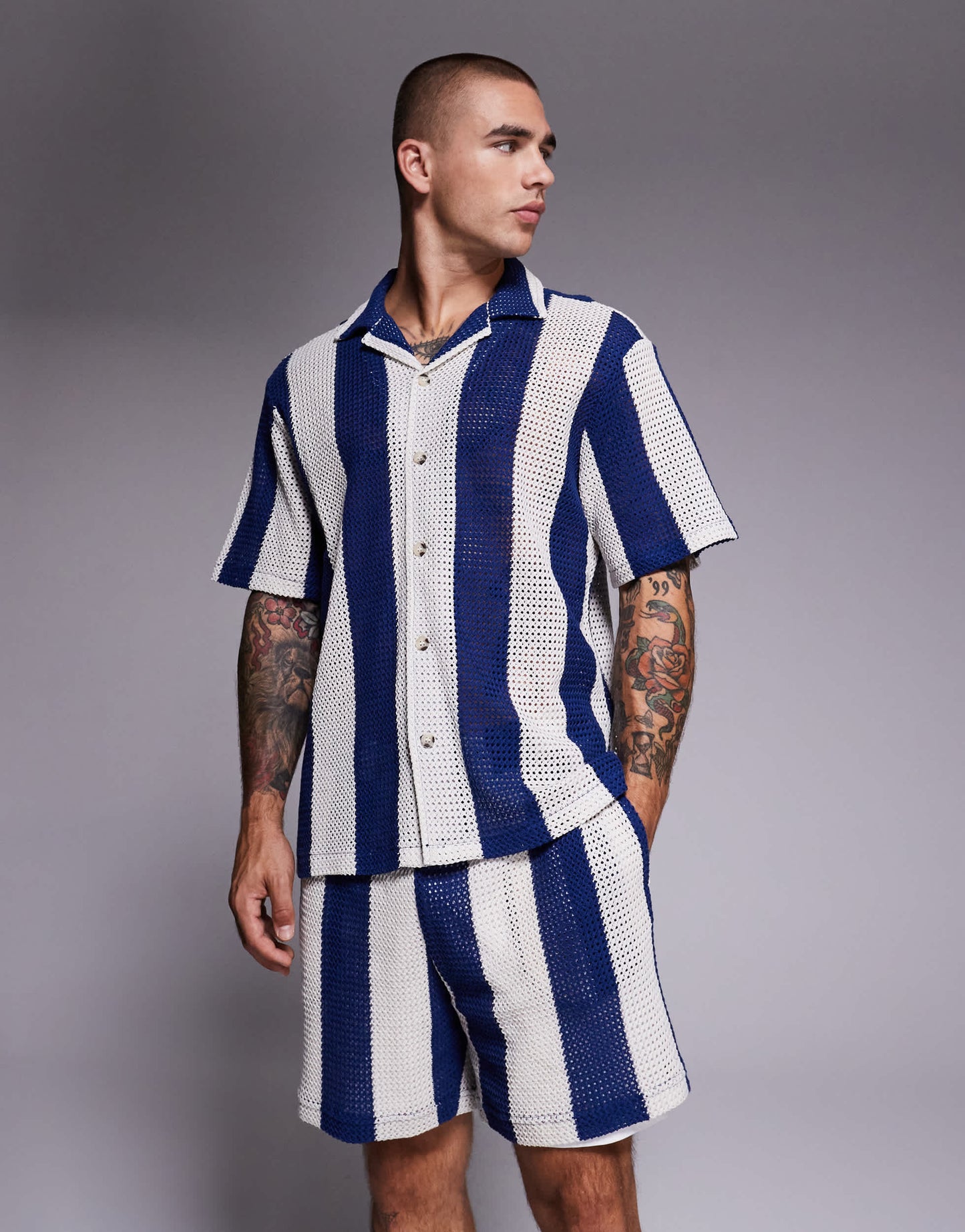 River Island stripe crochet shorts co-ord in blue